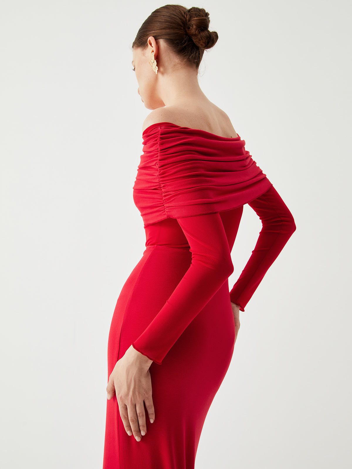 Overfold Off-Shoulder Mesh Long Sleeve Long Dress 8
