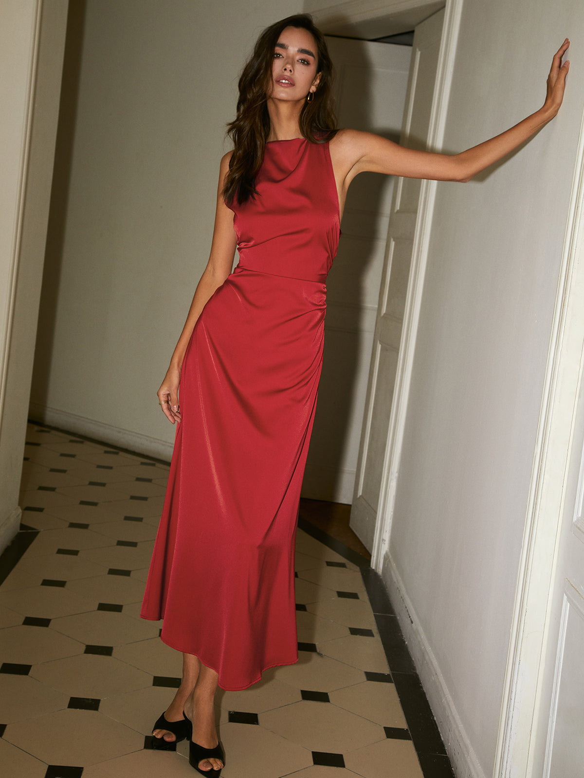 Cowl Neck Satin Back Cross Long Dress - View 2