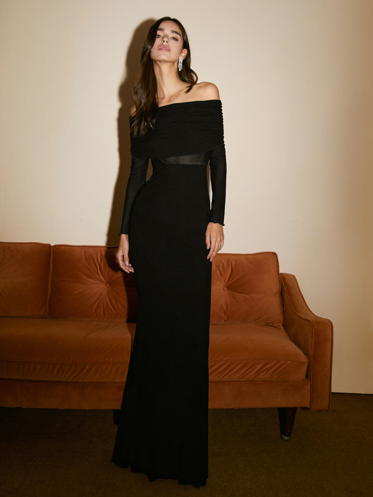 Overfold Off-Shoulder Mesh Long Sleeve Long Dress in Black