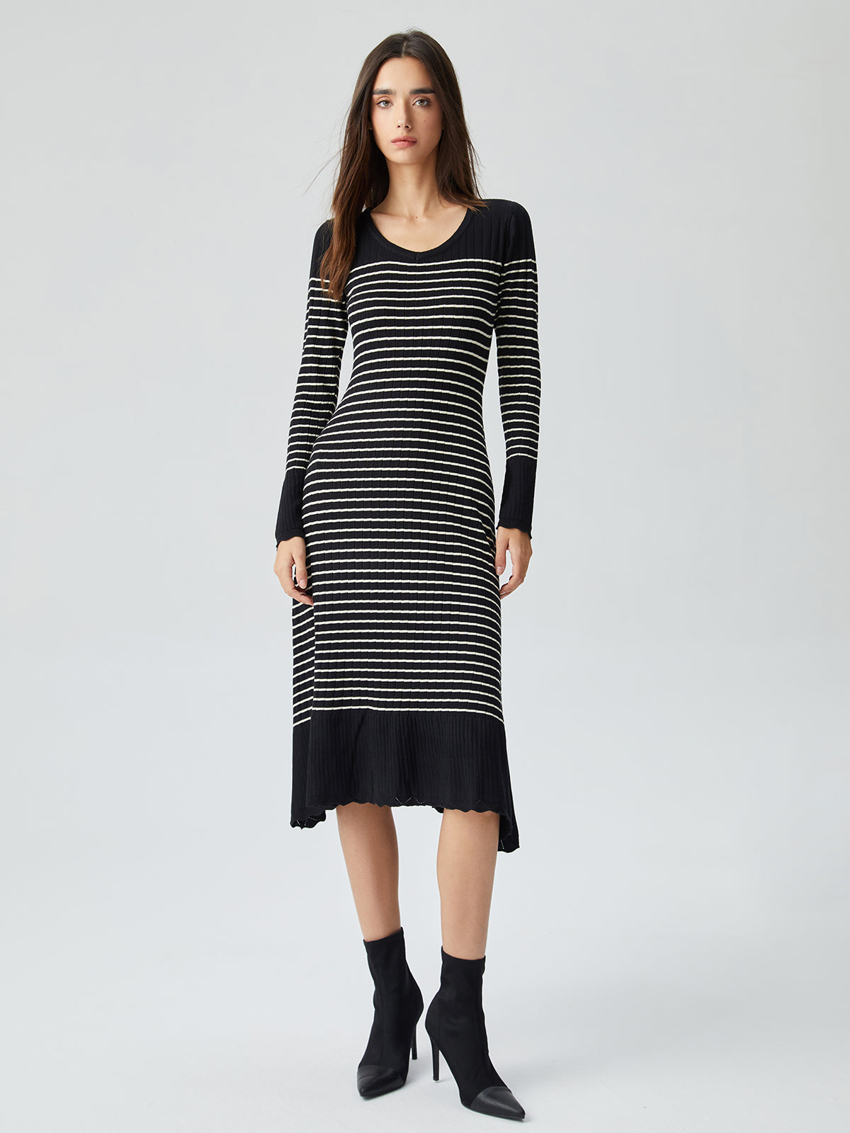 Striped Scoop Neck Long Sleeve Ribbed Knit Bodycon Sweater Dress 2