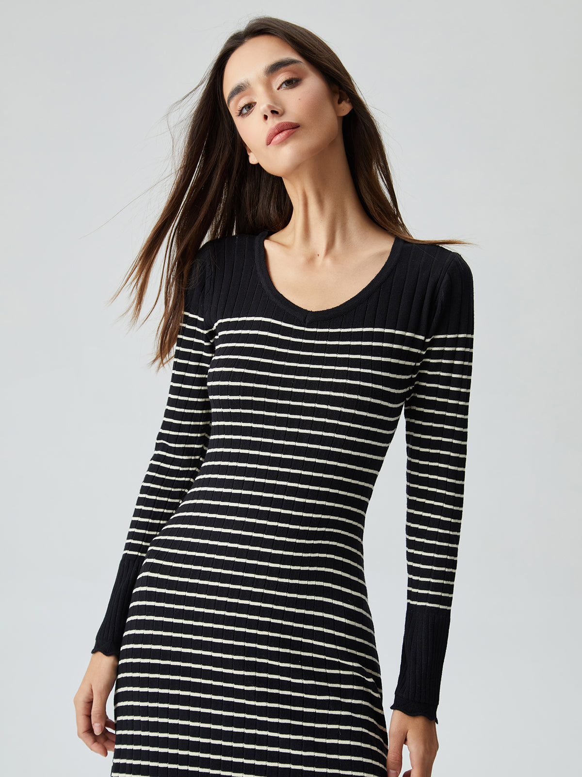 Striped Scoop Neck Long Sleeve Ribbed Knit Bodycon Sweater Dress