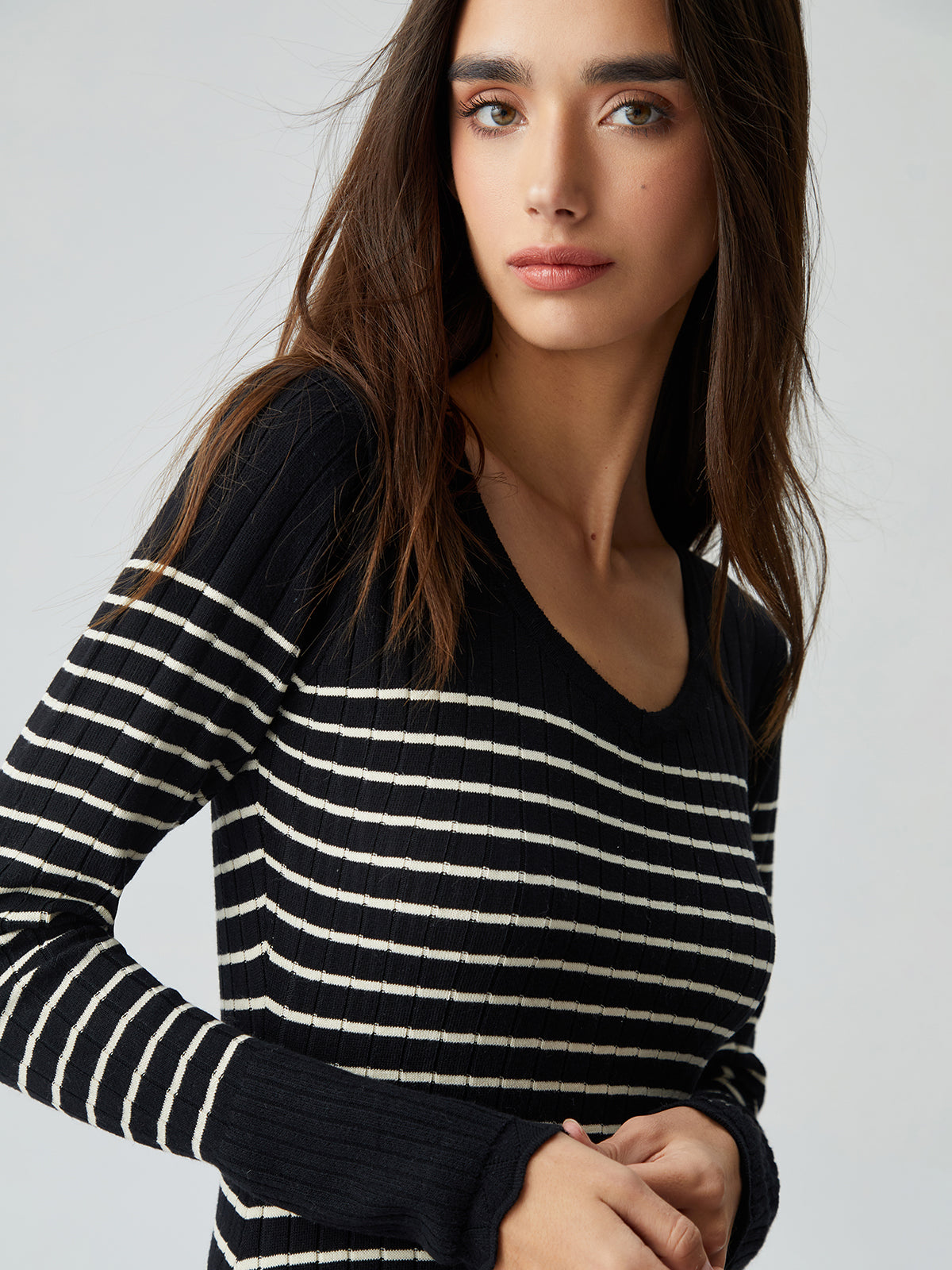 Striped Scoop Neck Long Sleeve Ribbed Knit Bodycon Sweater Dress 3