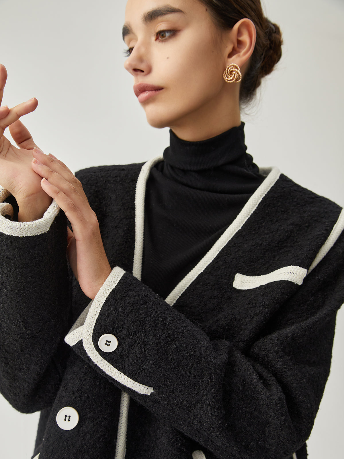 Contrast Trim Collarless Double Breasted Tweed-Look Jacket 5