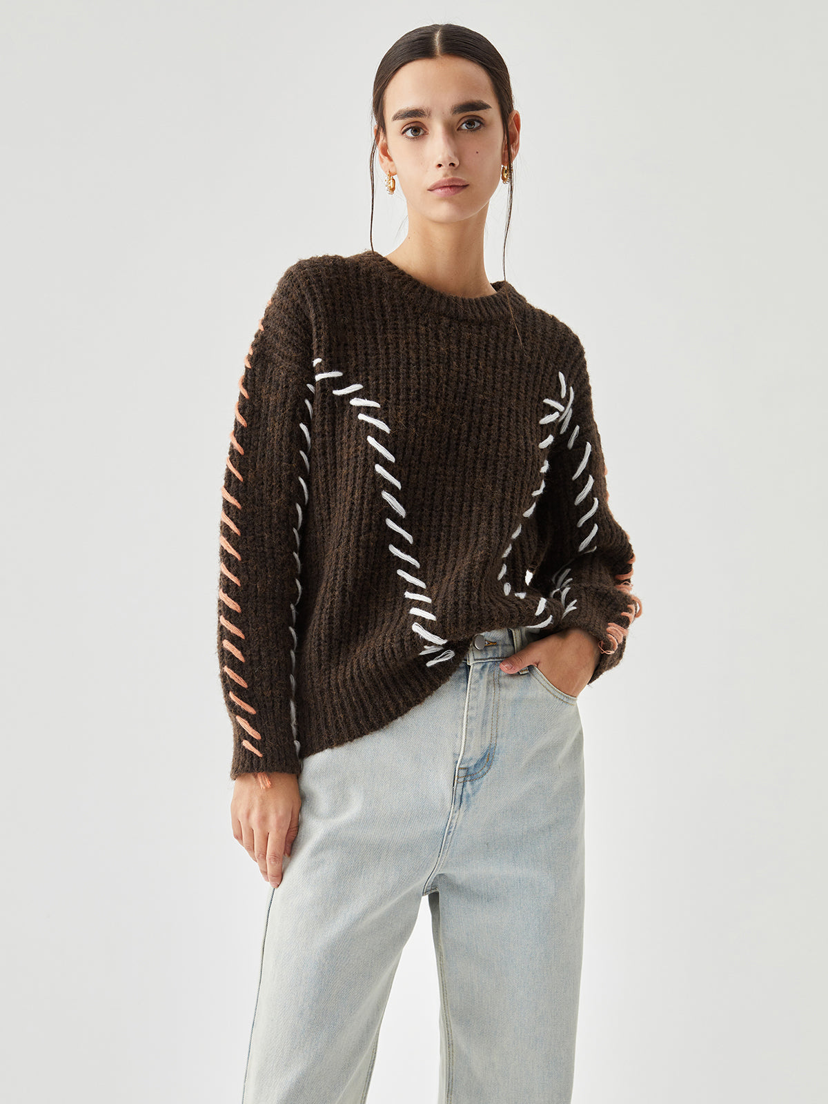 Crew Neck Long Sleeve Contrast Whipstitch Ribbed Knit Sweater 4