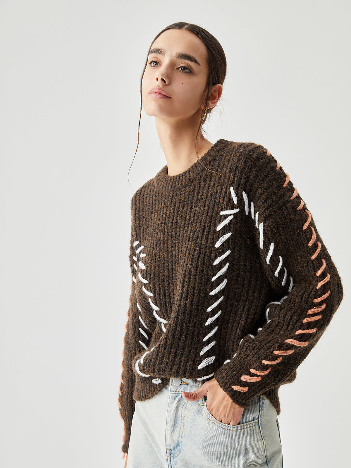Crew Neck Long Sleeve Contrast Whipstitch Ribbed Knit Sweater 6