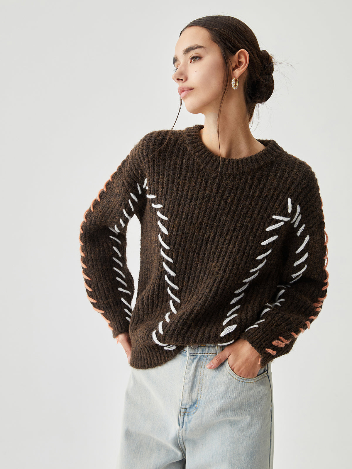 Crew Neck Long Sleeve Contrast Whipstitch Ribbed Knit Sweater