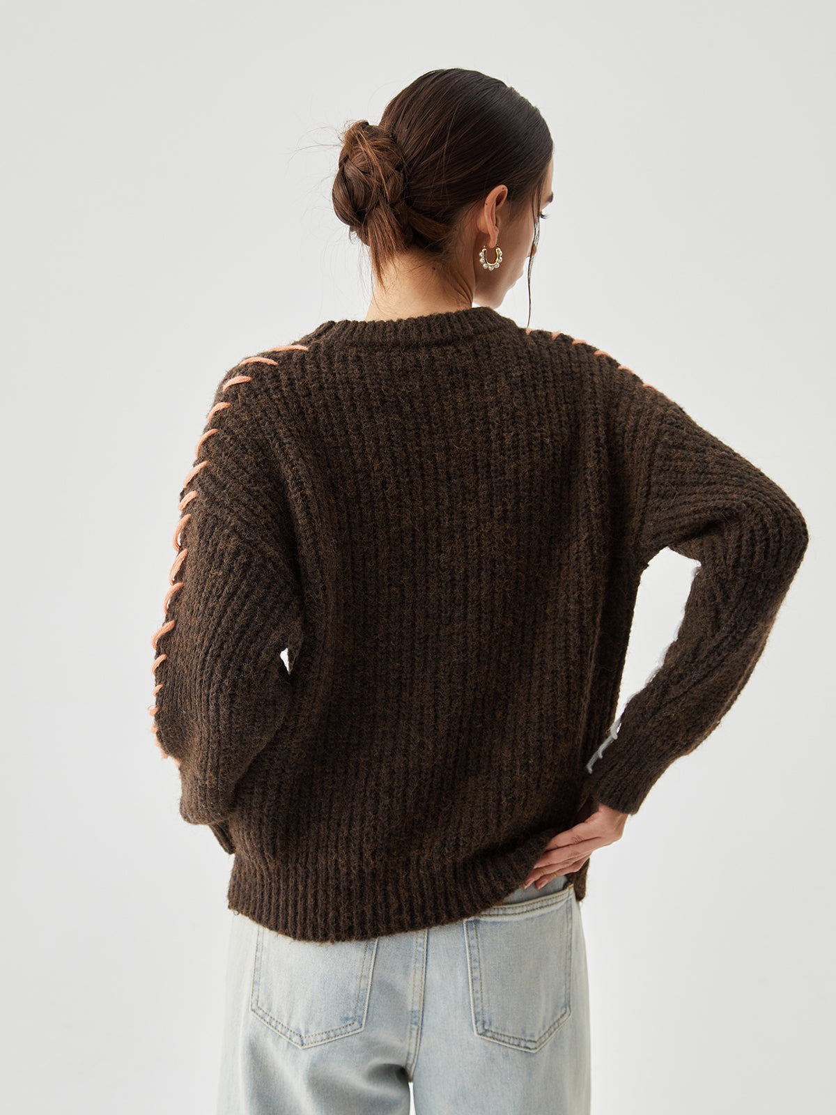 Crew Neck Long Sleeve Contrast Whipstitch Ribbed Knit Sweater 5