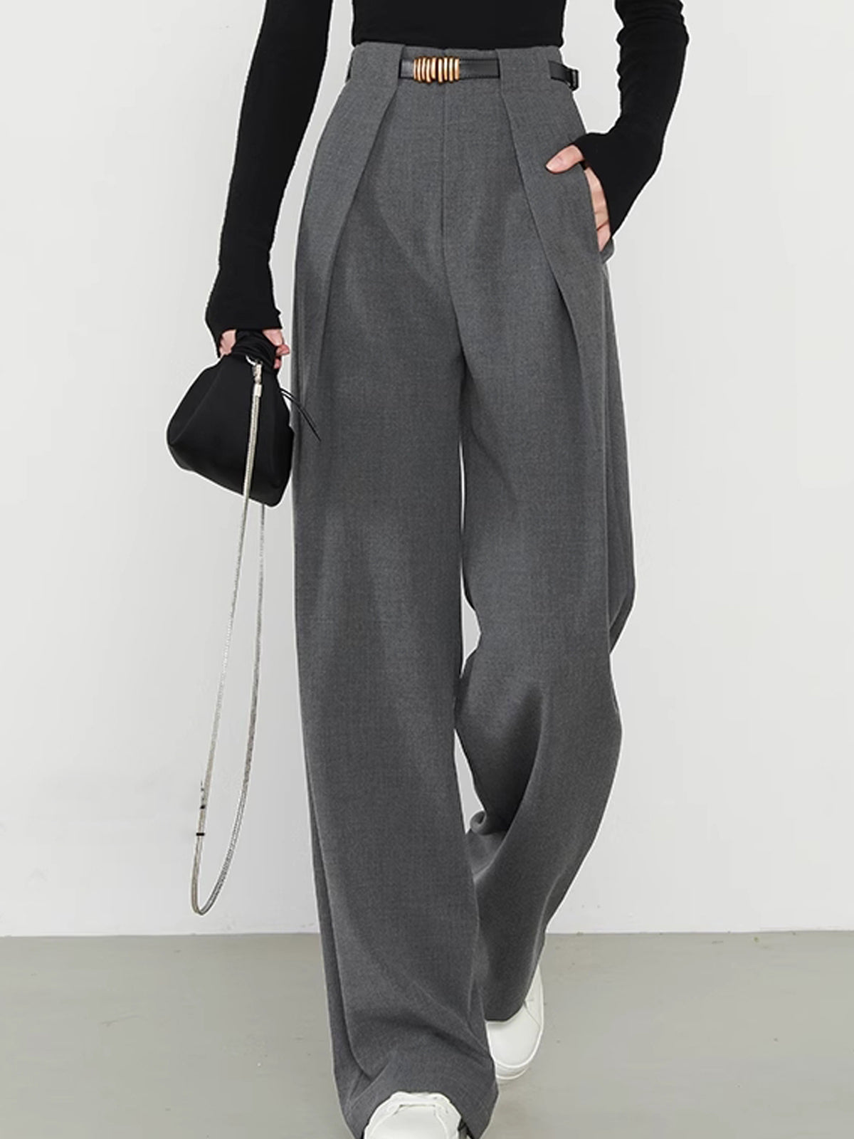 High Waist Pleated Front Belted Wide Leg Trousers 10