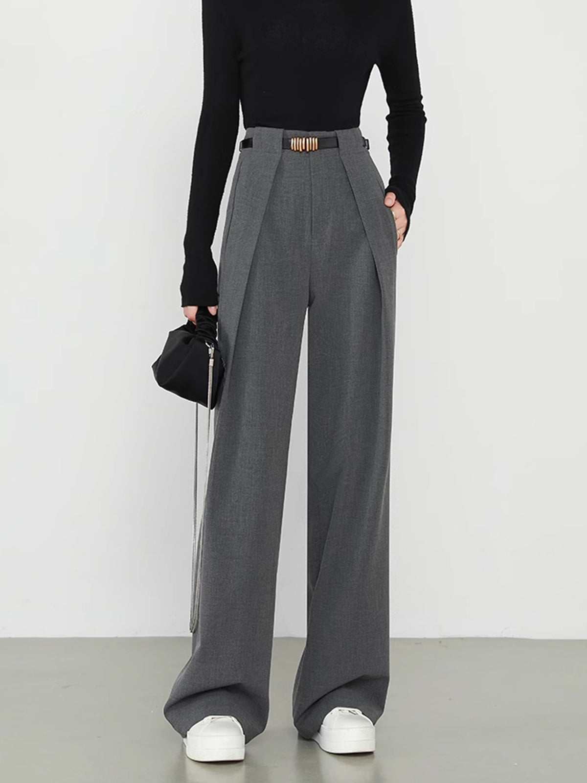 High Waist Pleated Front Belted Wide Leg Trousers 17