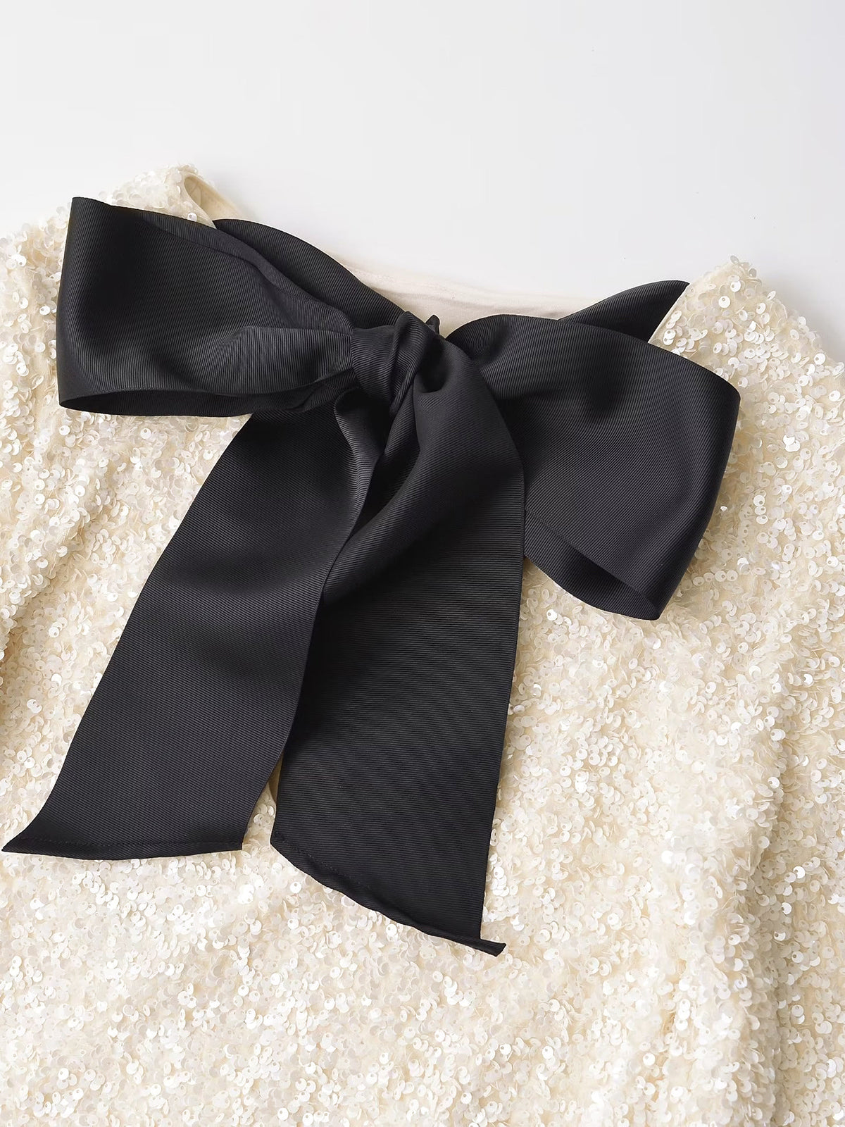 Sequin Bow Neck Long Sleeve Swing Mini Dress