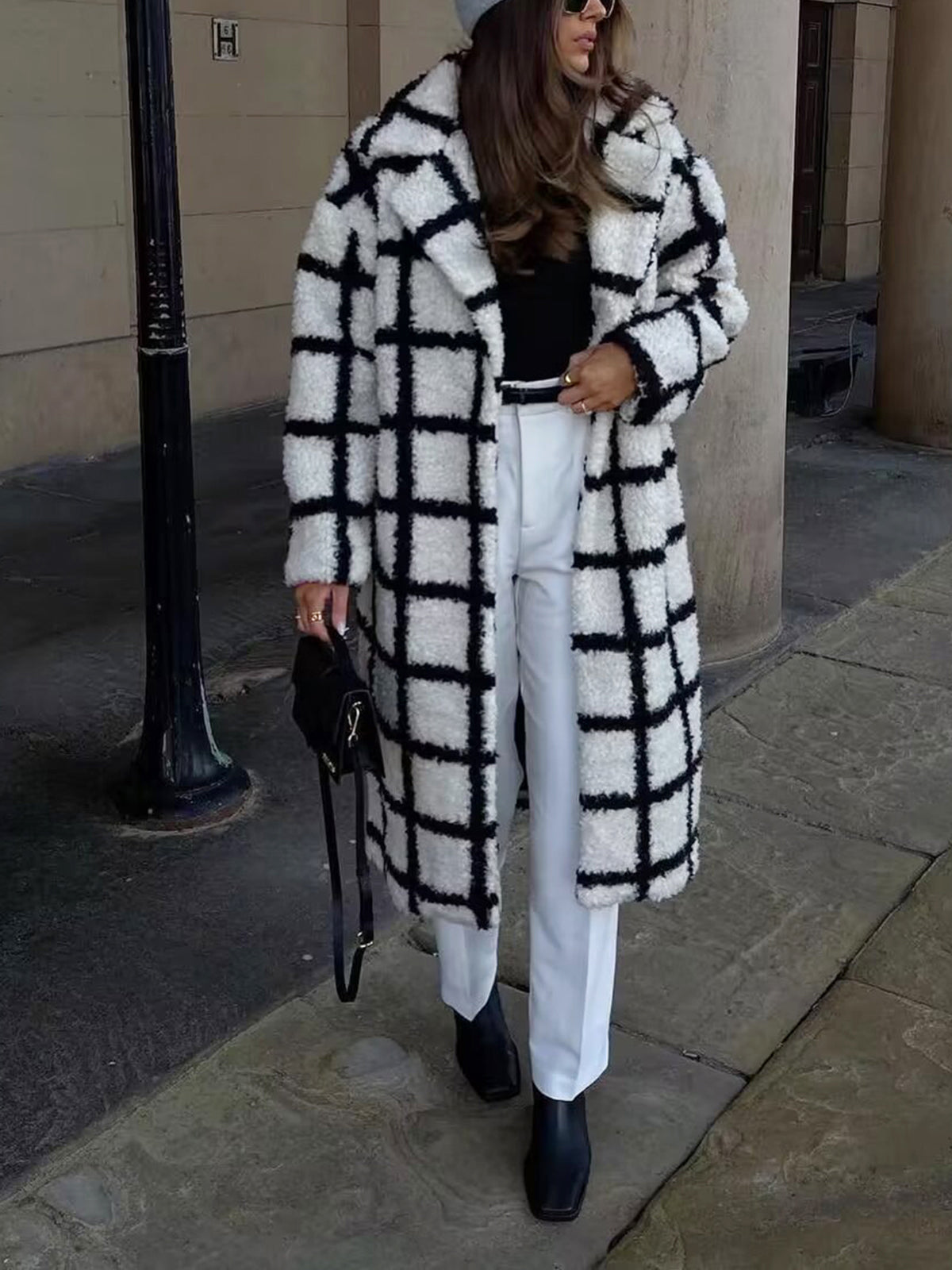 Windowpane Check Faux Shearling Lapel Collar Longline Teddy Coat