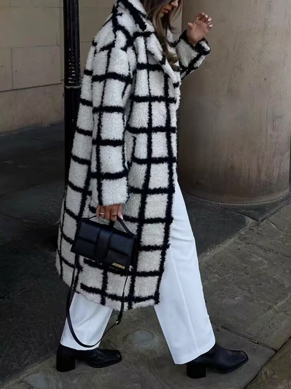 Windowpane Check Faux Shearling Lapel Collar Longline Teddy Coat 2