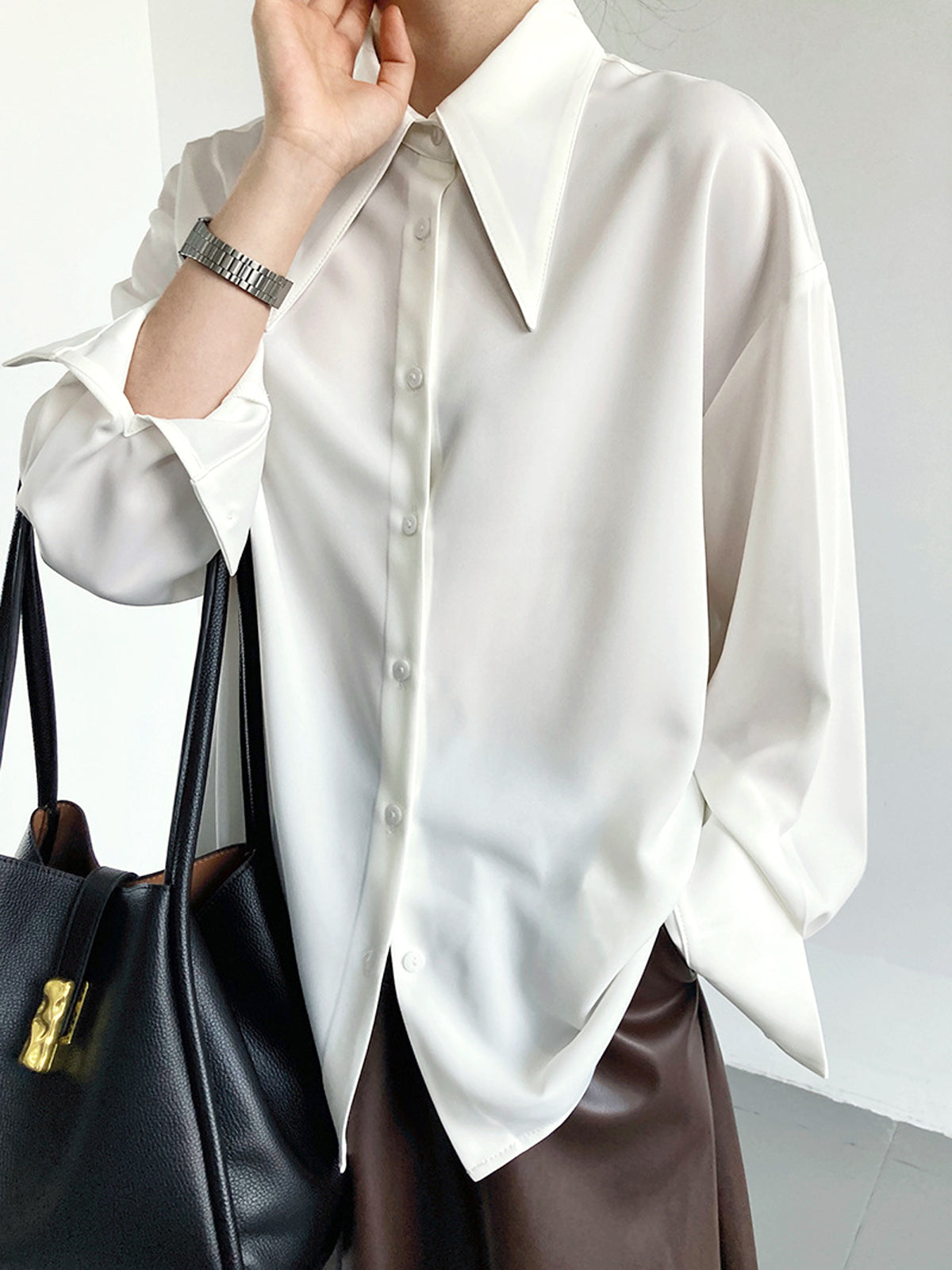 Satin Pointed Collar Button Down Long Sleeve Oversized Shirt