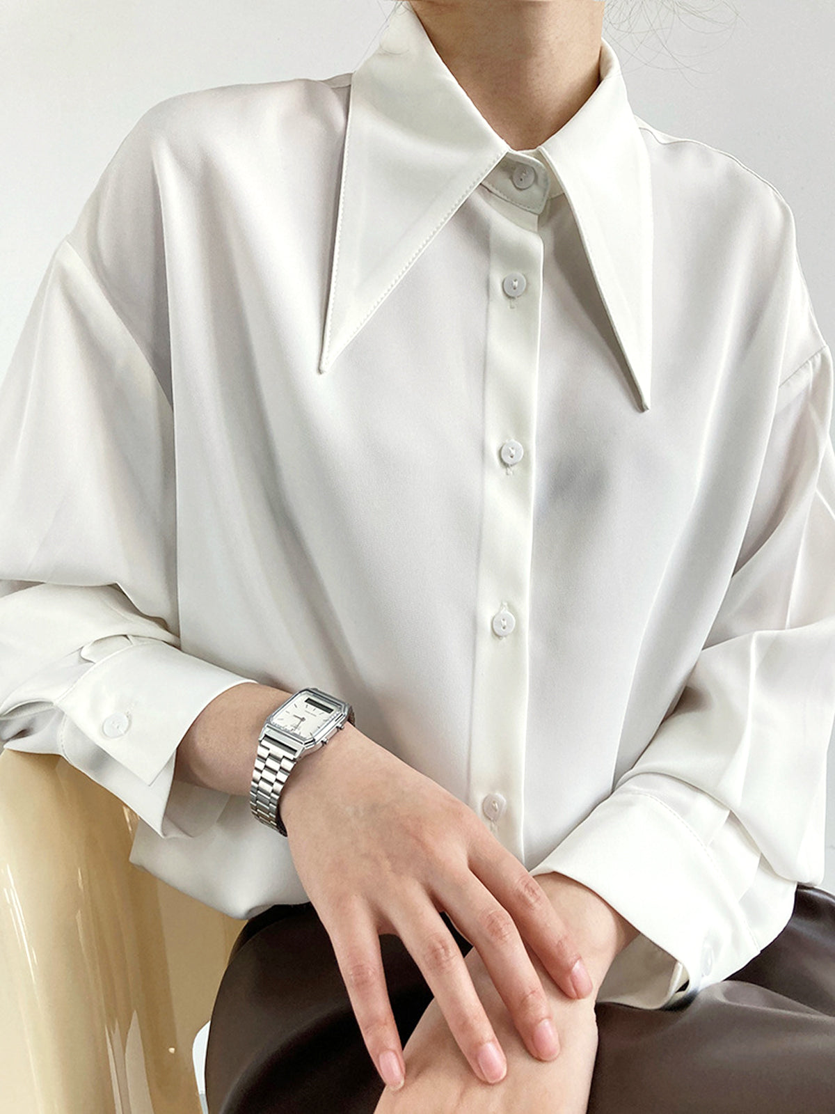Satin Pointed Collar Button Down Long Sleeve Oversized Shirt 3