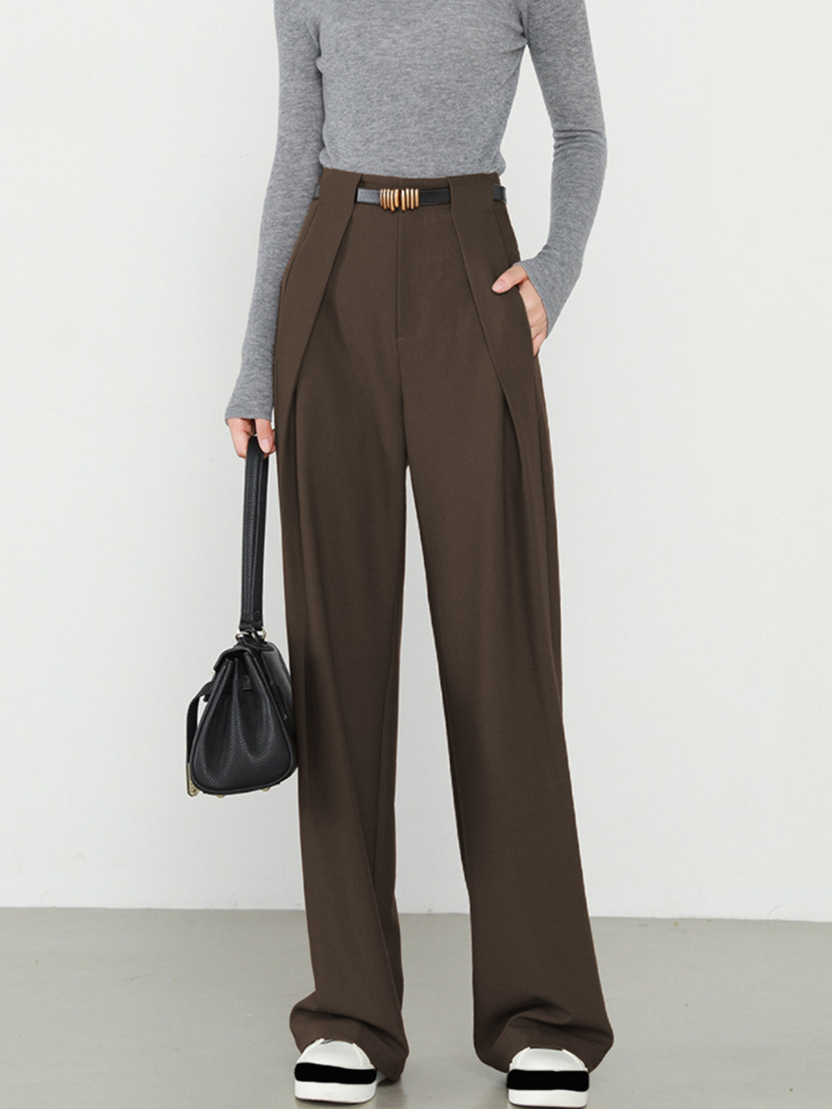 High Waist Pleated Front Belted Wide Leg Trousers 4