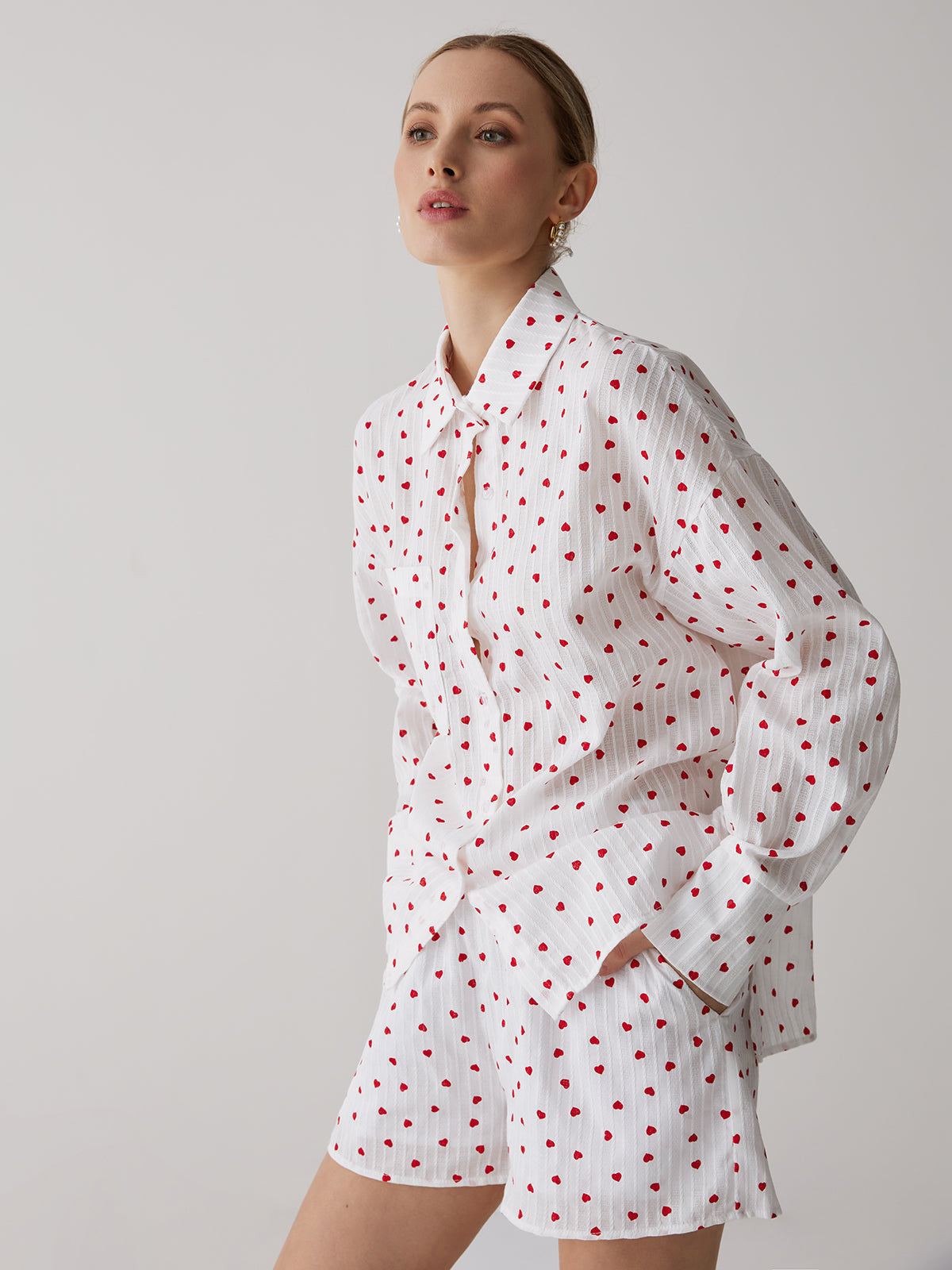 Heart Print Long Sleeve Shirt and Shorts Two Piece Set