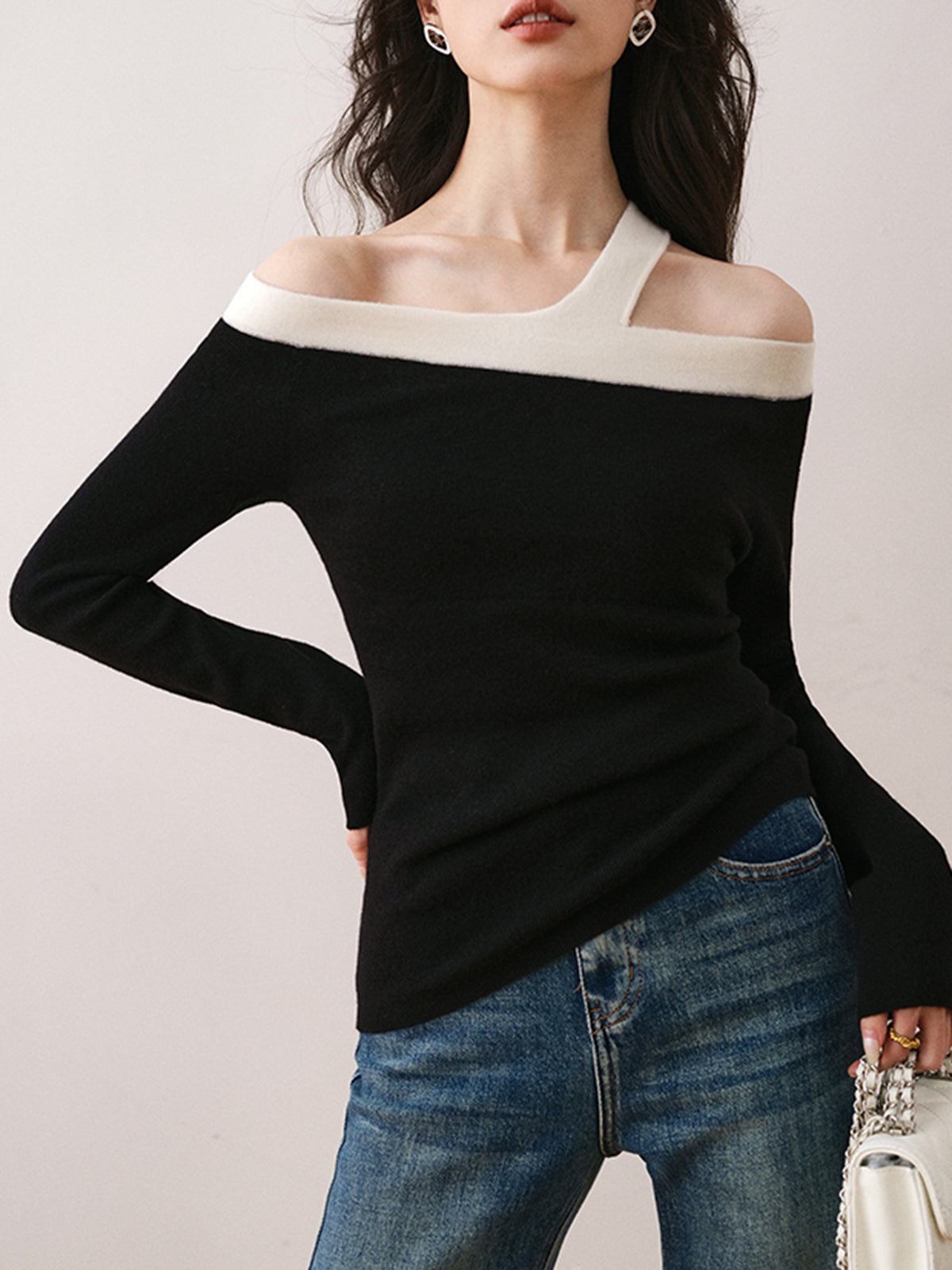 Off Shoulder Asymmetric Strap Contrast Trim Long Sleeve Knit Top 2