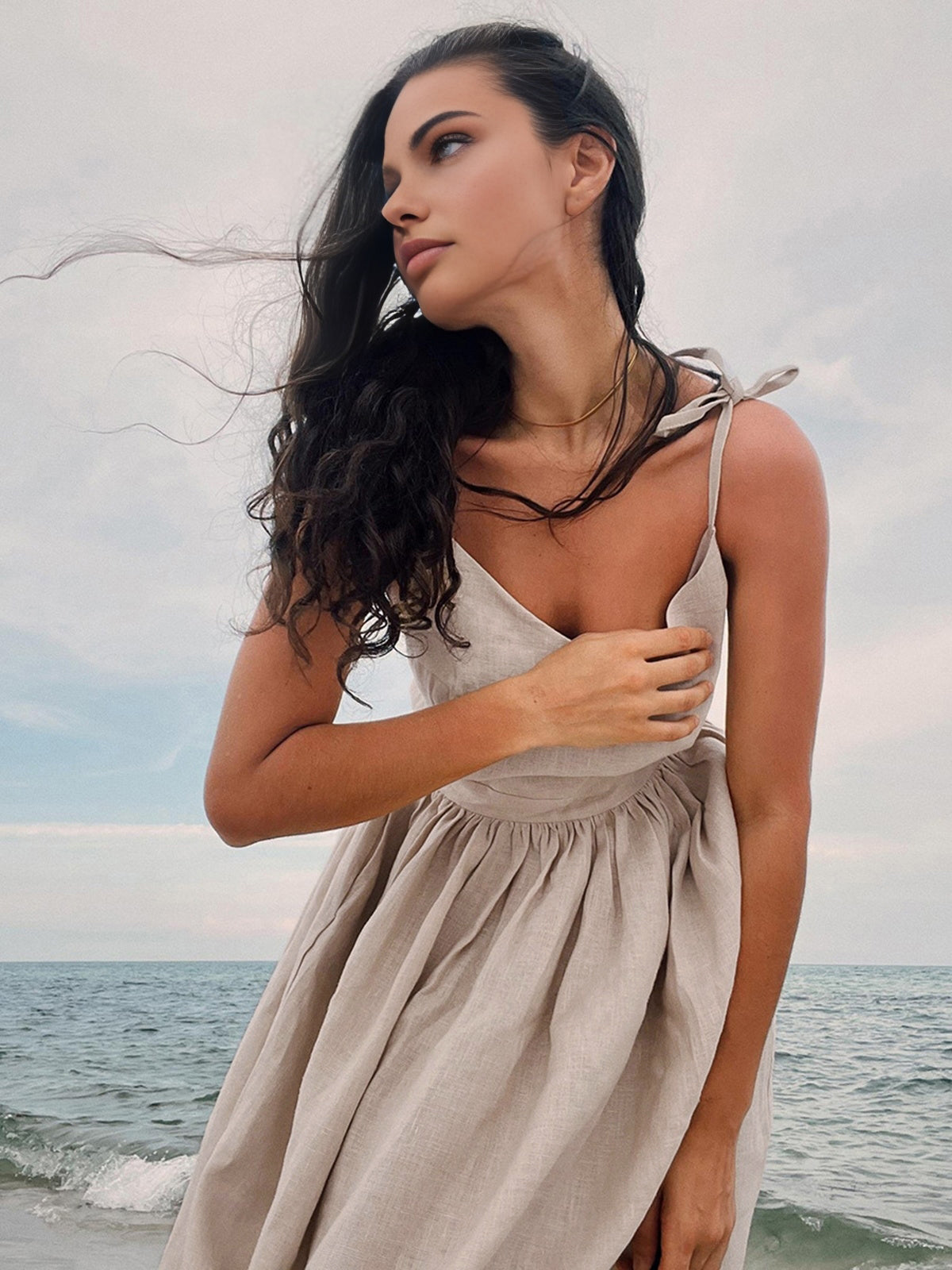 Linen-Look Sleeveless Open Back Gathered Waist Maxi Dress 4