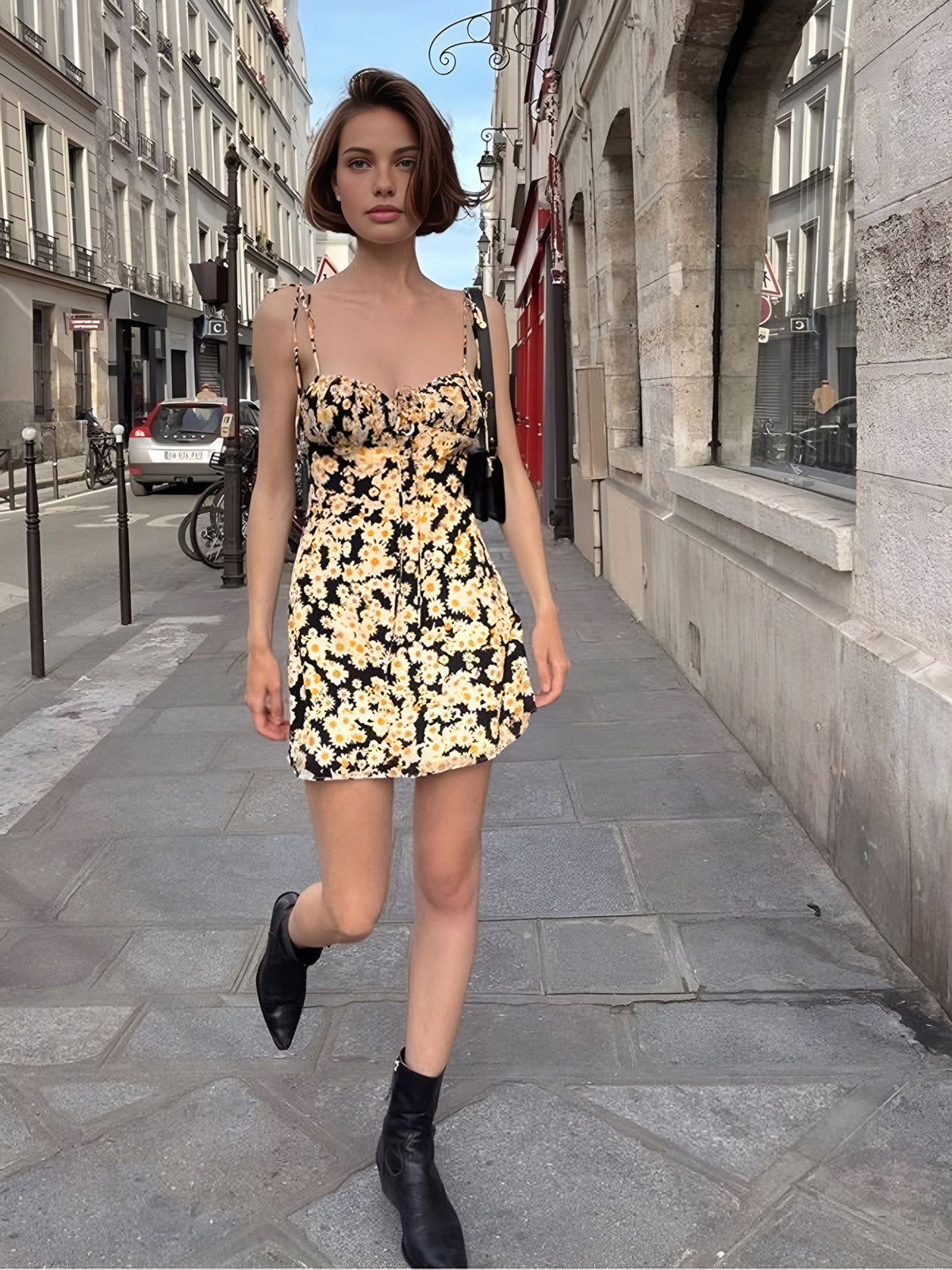 Daisy Printed Tie Up Short Dress