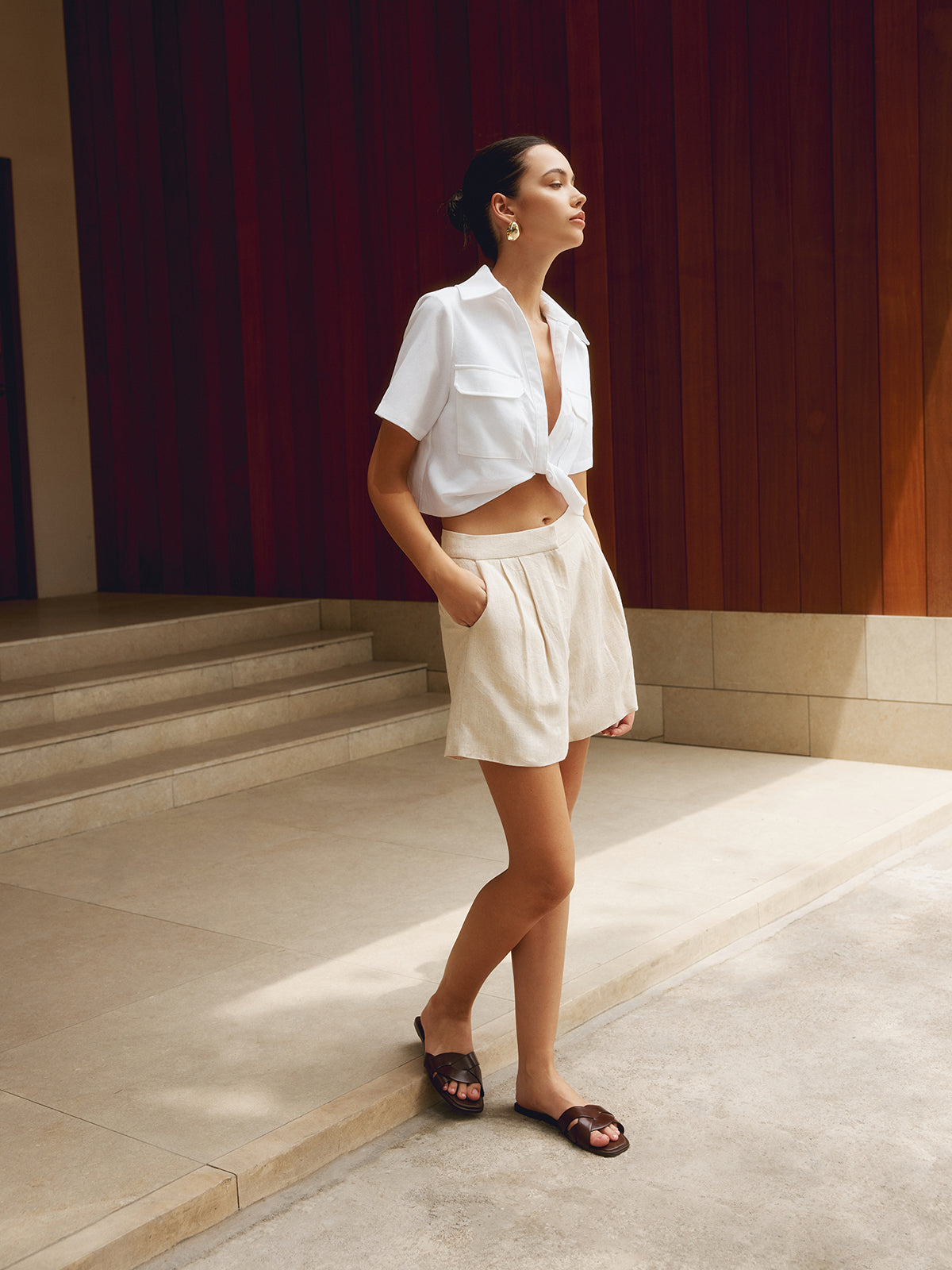 Twist Front Short Sleeve Flap Pocket Collared Cropped Shirt 6