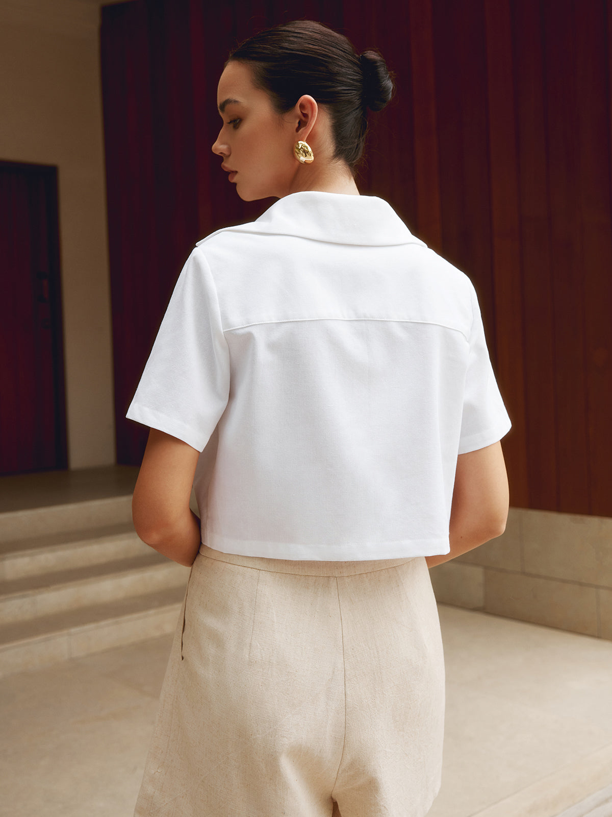 Twist Front Short Sleeve Flap Pocket Collared Cropped Shirt 4