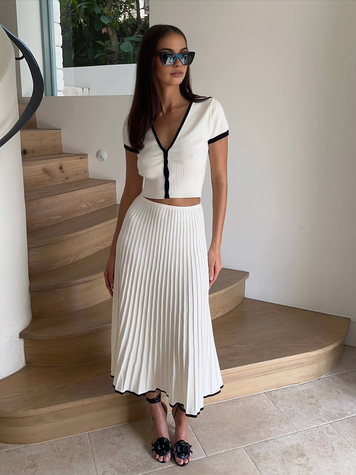 Ribbed Knit Deep V-Neck Contrast Trim Flared Maxi Dress