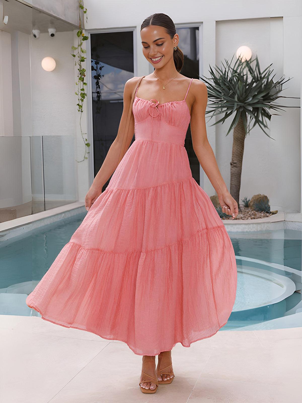 Back Smocking Design Tiered Cami Long Dress Pink