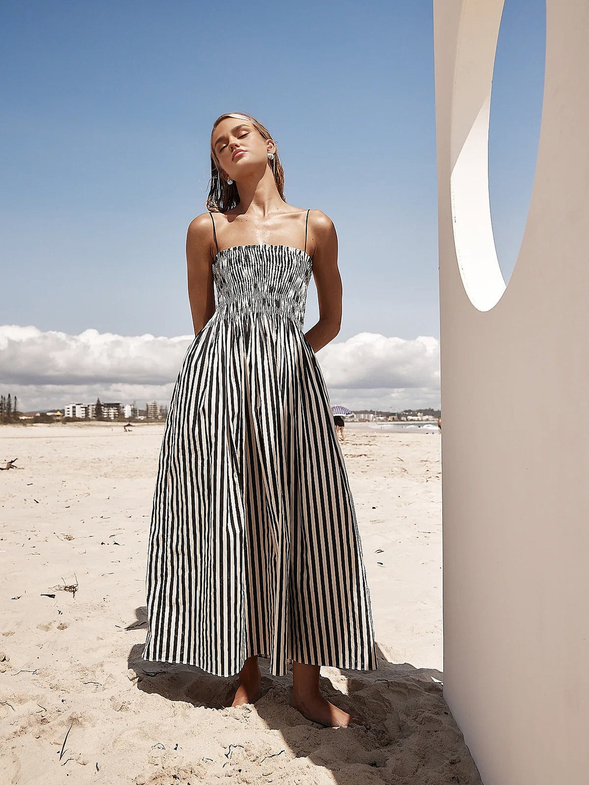 Striped Smocked Spaghetti Strap A-Line Maxi Dress 4