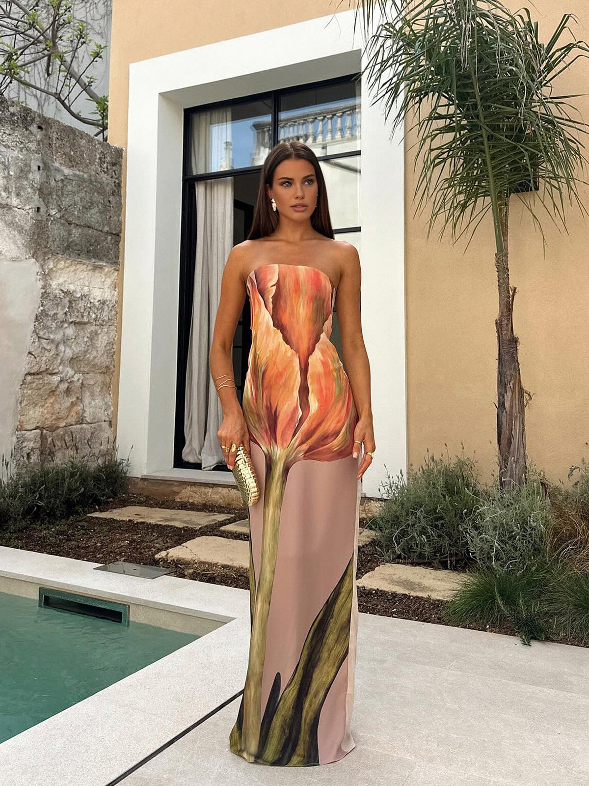 Floral Print Strapless Column Maxi Gown