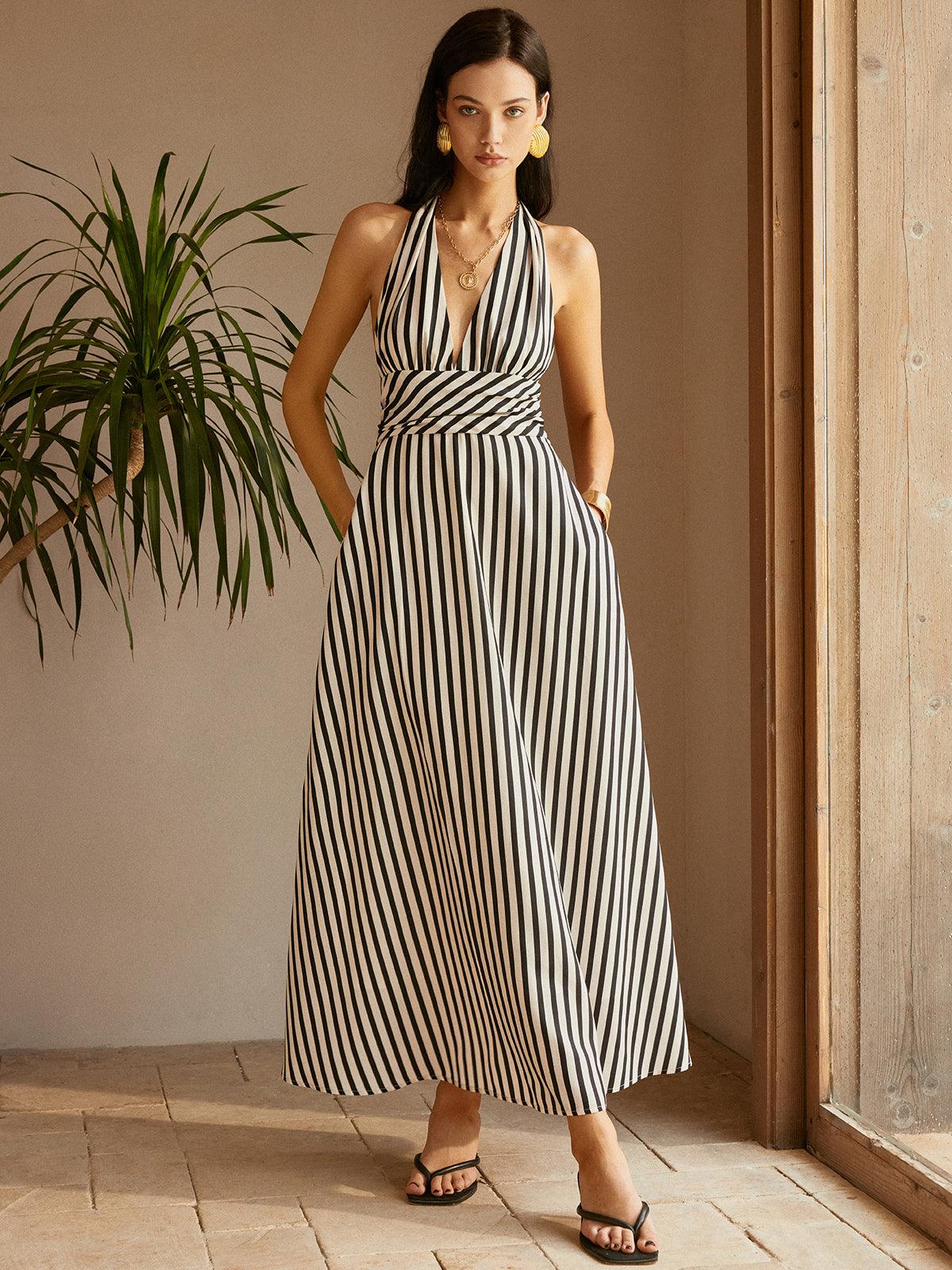 Stripe Backless Pockets Dress BlackandWhite