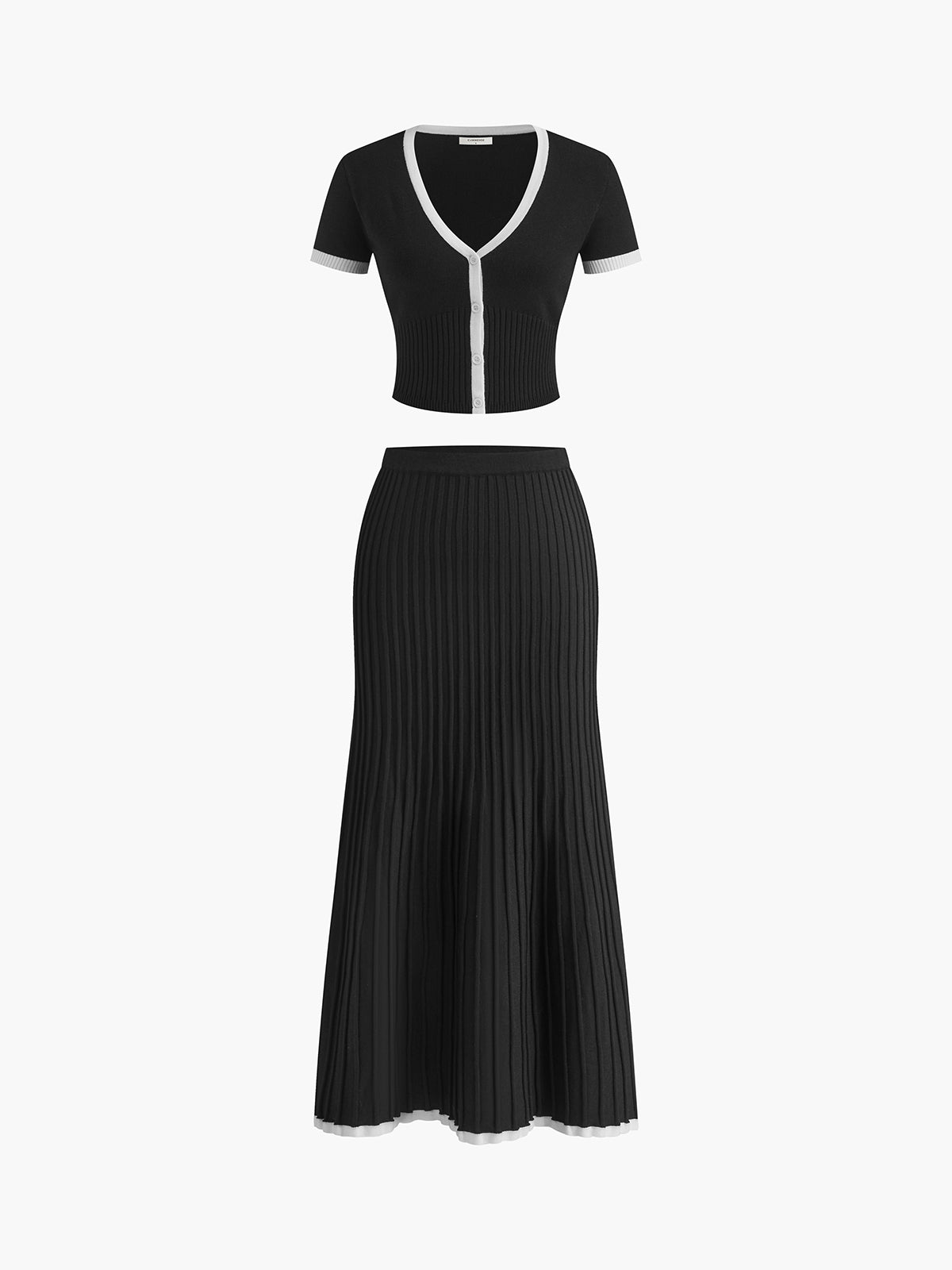 Ribbed Knit Deep V-Neck Contrast Trim Flared Maxi Dress