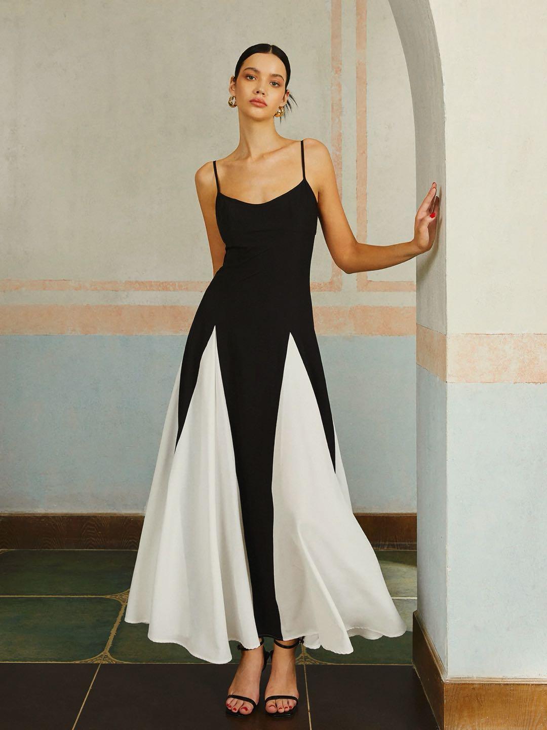 Color Block Spaghetti Strap Long Dress Black