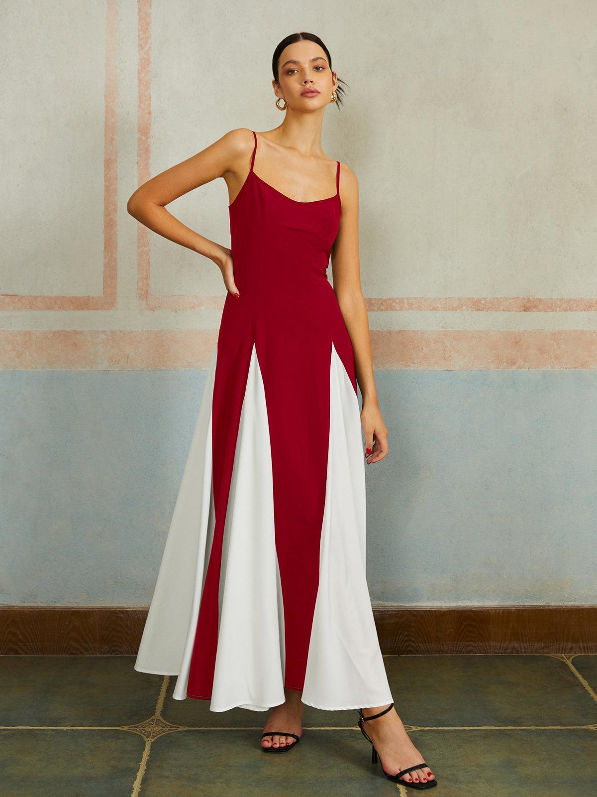 Color Block Spaghetti Strap Long Dress Red