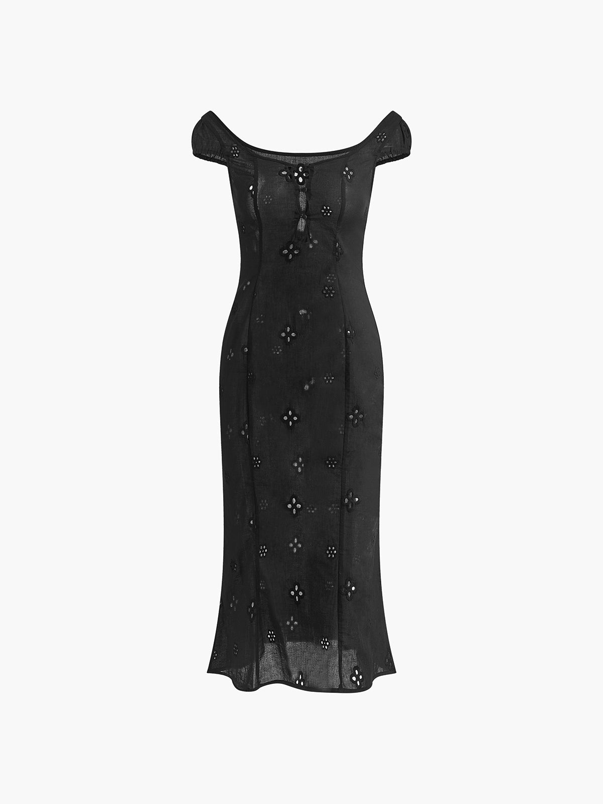 Off Shoulder Puff Sleeve Floral Eyelet Cut Out Slit Midi Dress