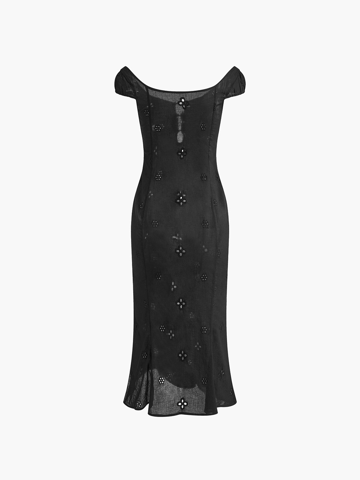 Off Shoulder Puff Sleeve Floral Eyelet Cut Out Slit Midi Dress