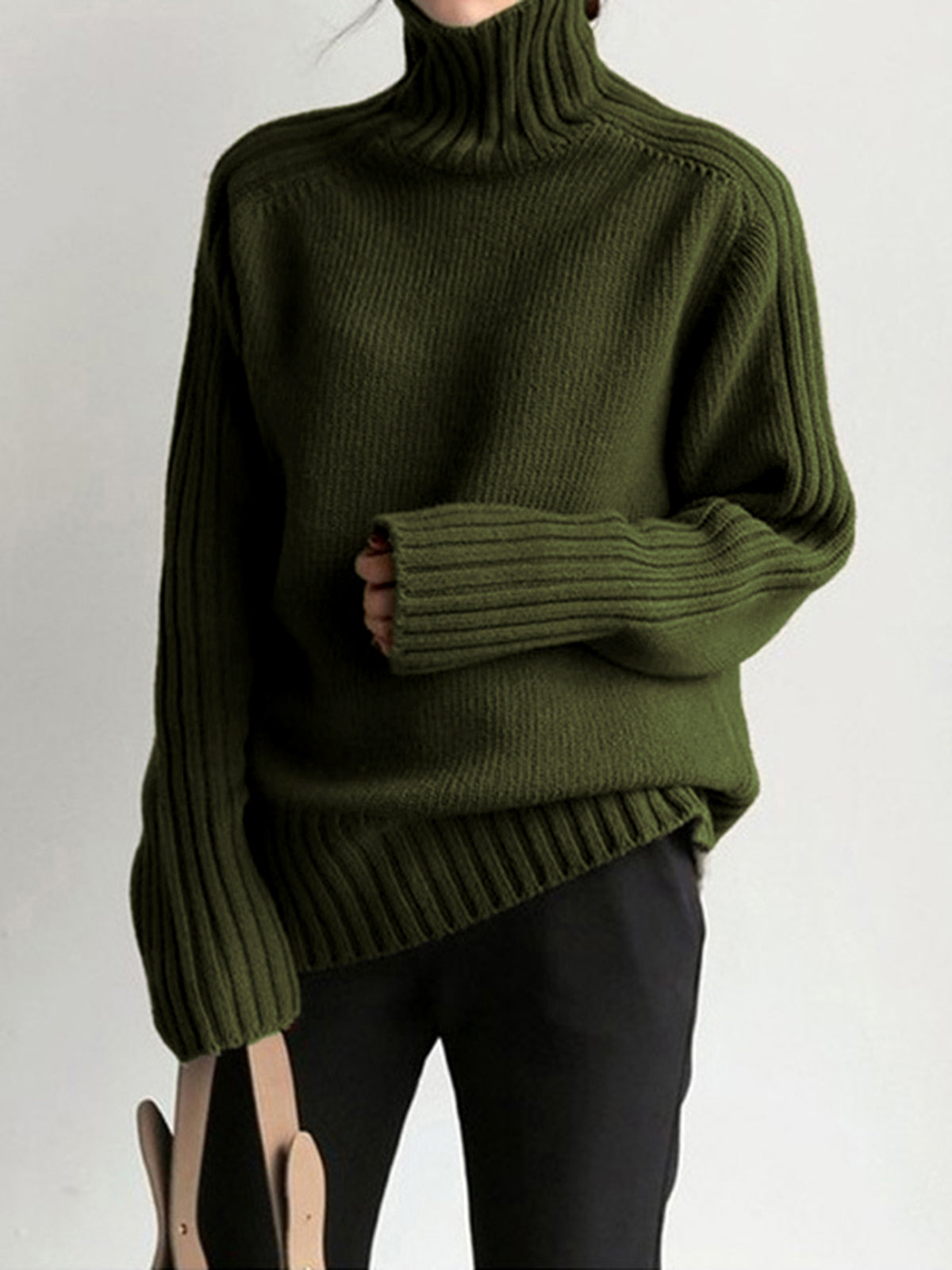 Turtleneck Ribbed Sleeve Long Sleeve Sweater