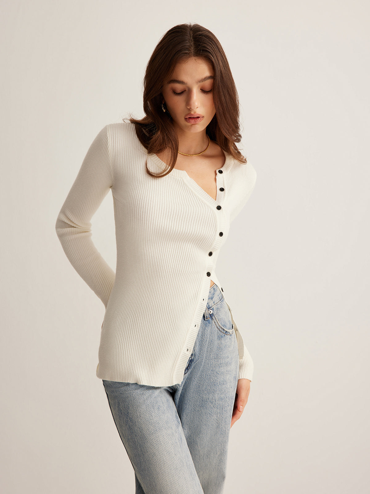 Asymmetrical Button Front Long Sleeve Ribbed Knit Cardigan 10
