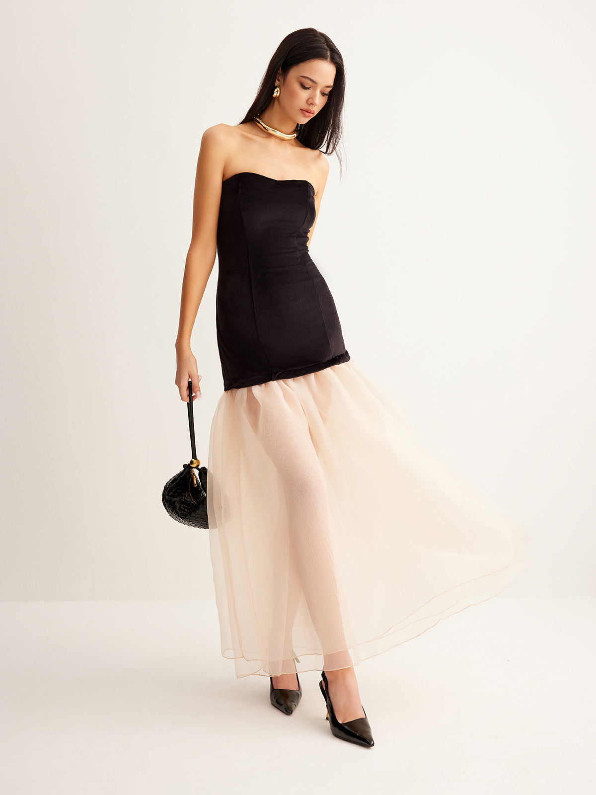 Strapless Corset Bodice Sheer Tiered Organza Skirt Maxi Gown