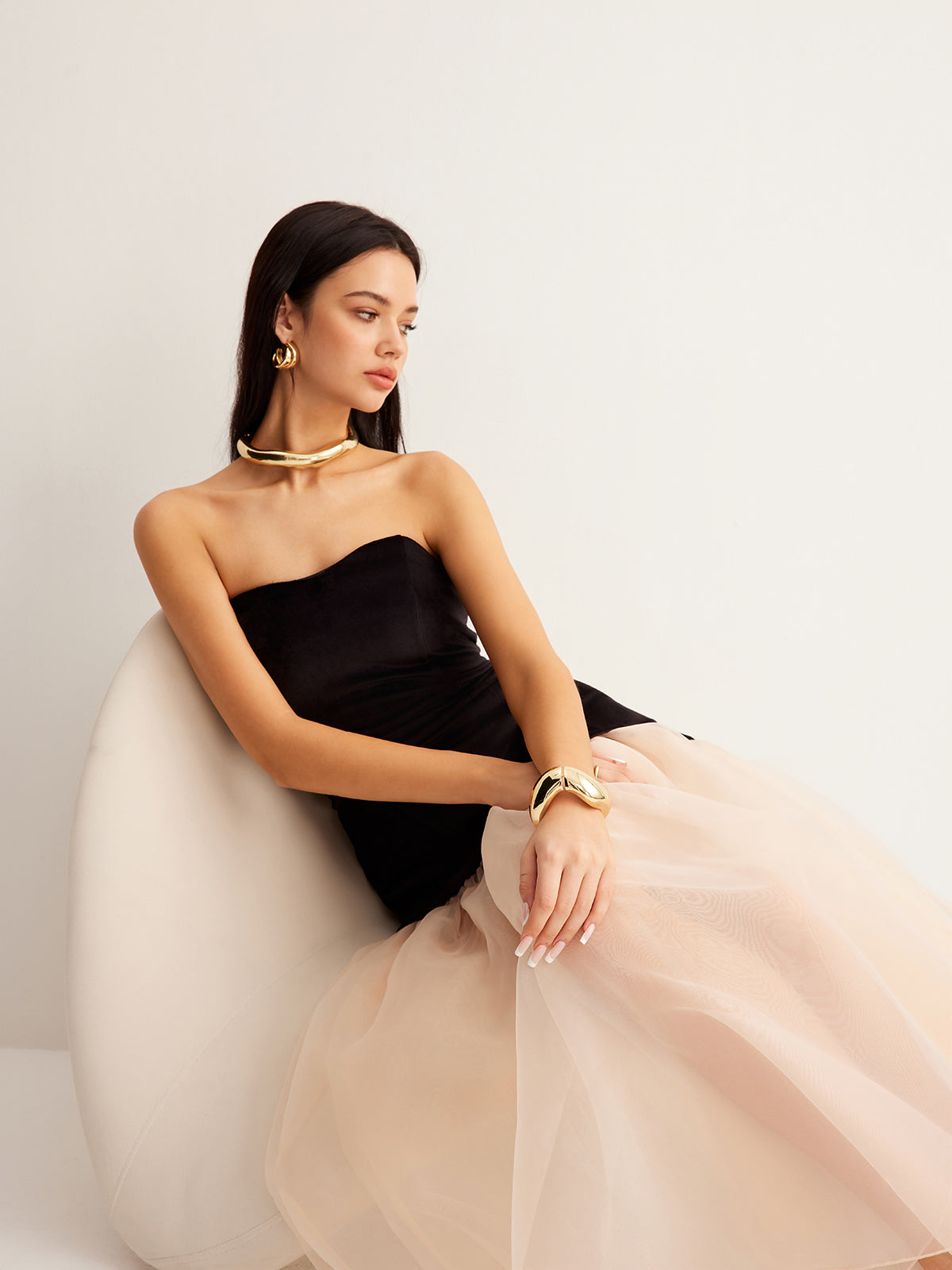 Strapless Corset Bodice Sheer Tiered Organza Skirt Maxi Gown