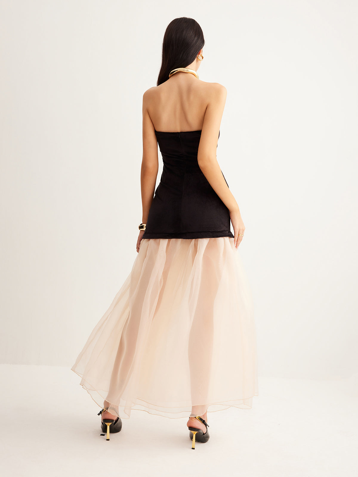 Strapless Corset Bodice Sheer Tiered Organza Skirt Maxi Gown