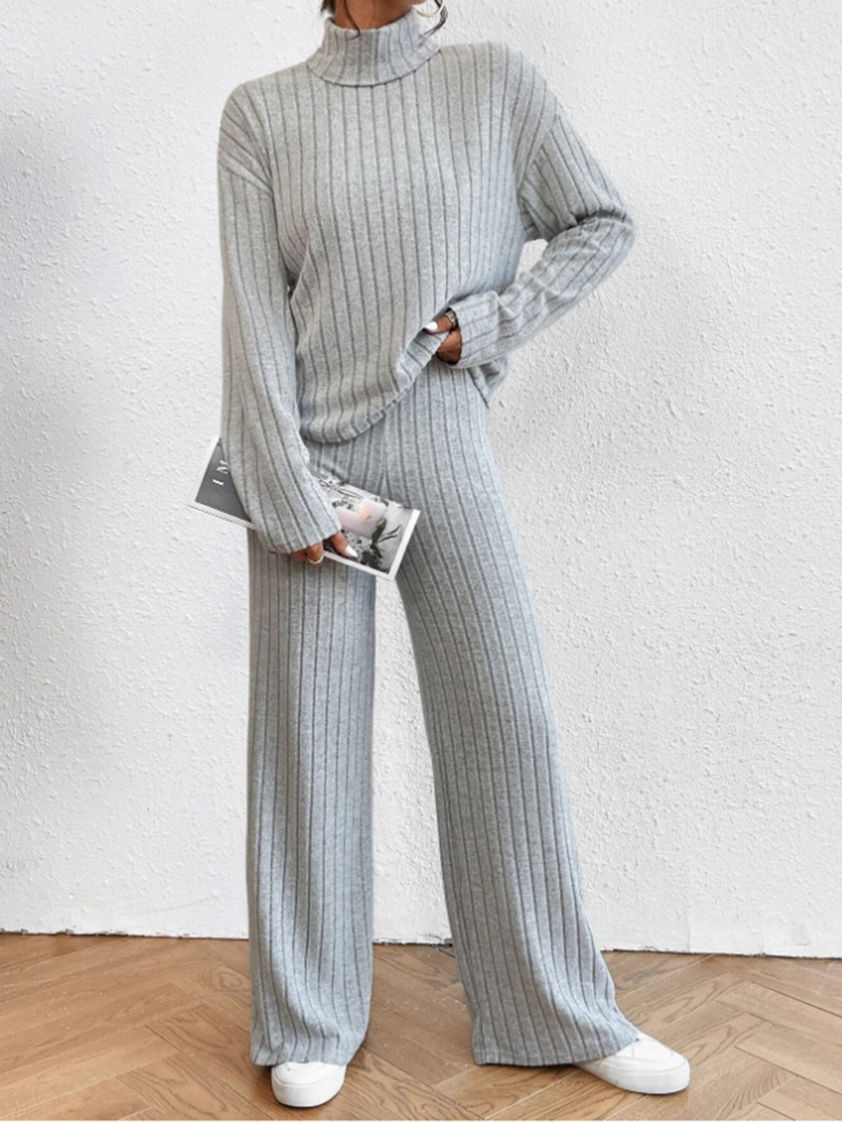 Mock Neck Long Sleeve Ribbed Knit Top and Wide Leg Pants Two Piece Set