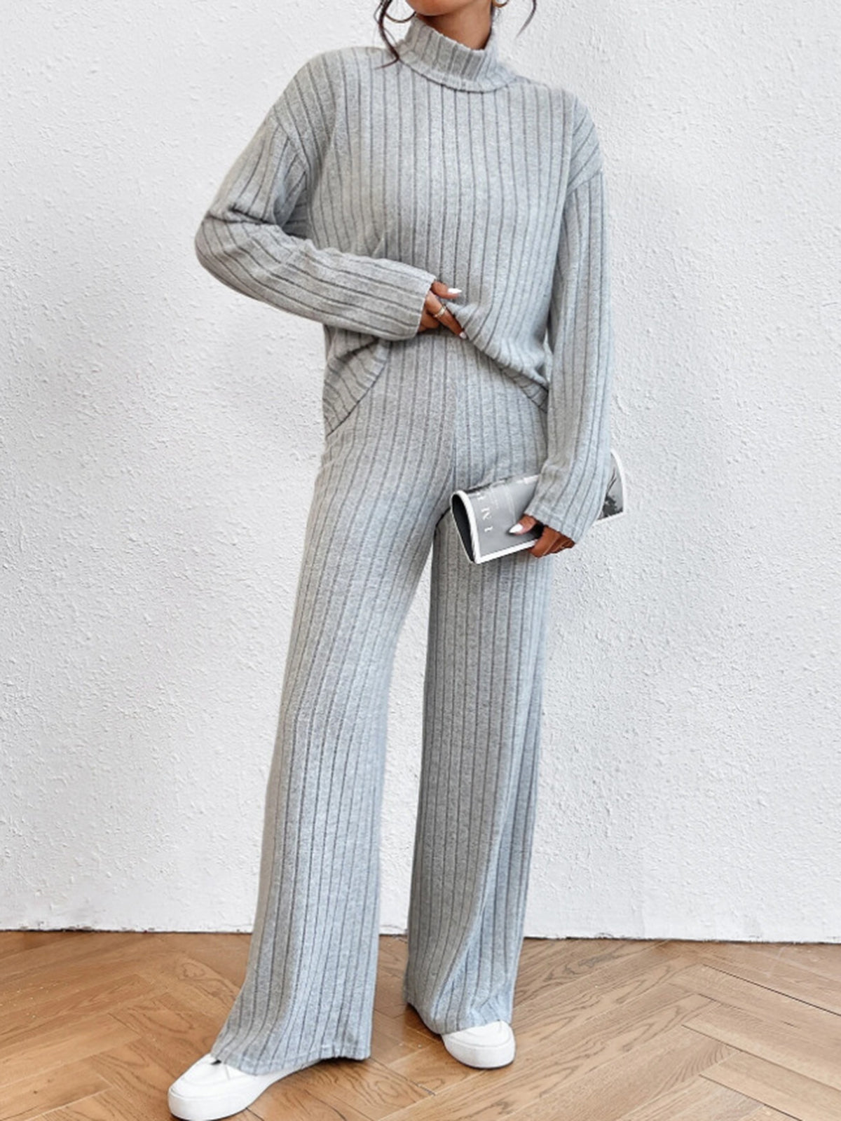 Mock Neck Long Sleeve Ribbed Knit Top and Wide Leg Pants Two Piece Set 5