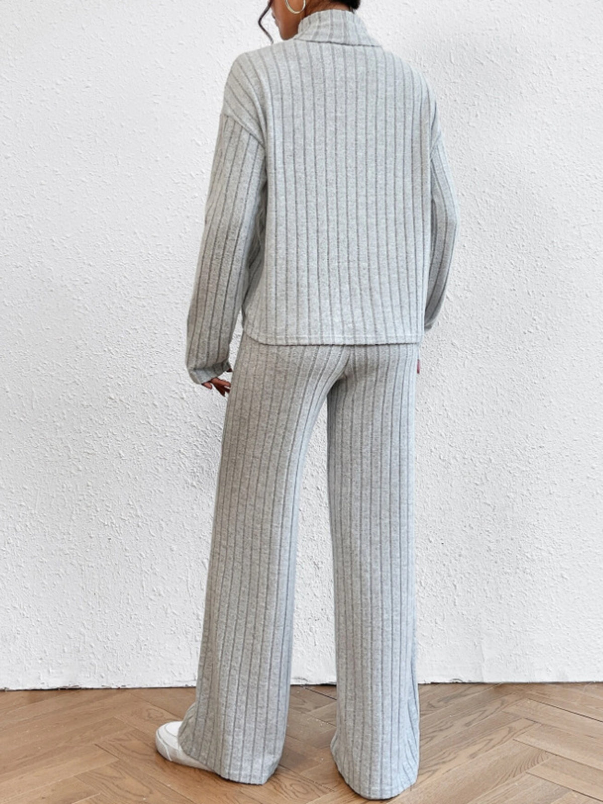 Mock Neck Long Sleeve Ribbed Knit Top and Wide Leg Pants Two Piece Set 4