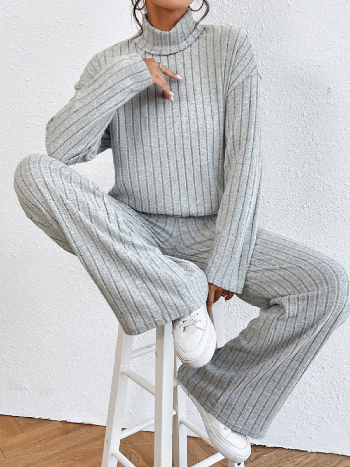 Mock Neck Long Sleeve Ribbed Knit Top and Wide Leg Pants Two Piece Set 3