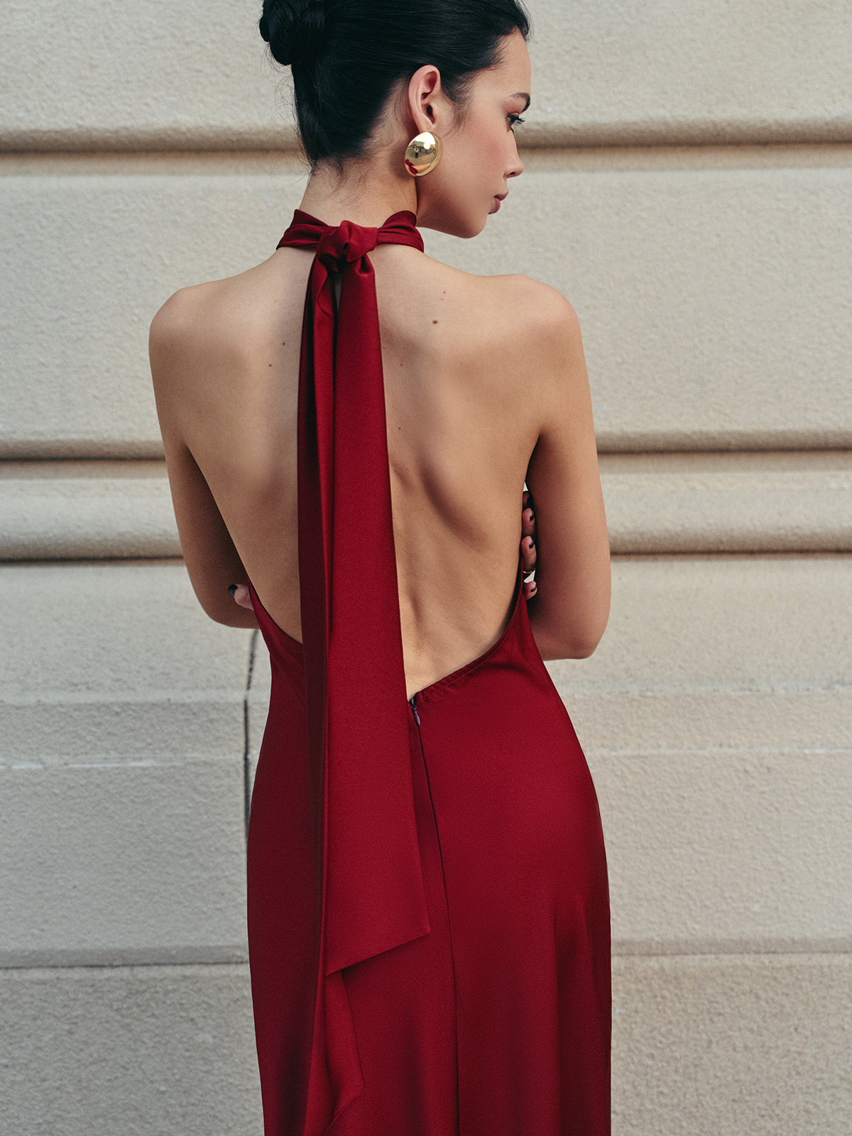Open Back Satin Halter Dress - View 2