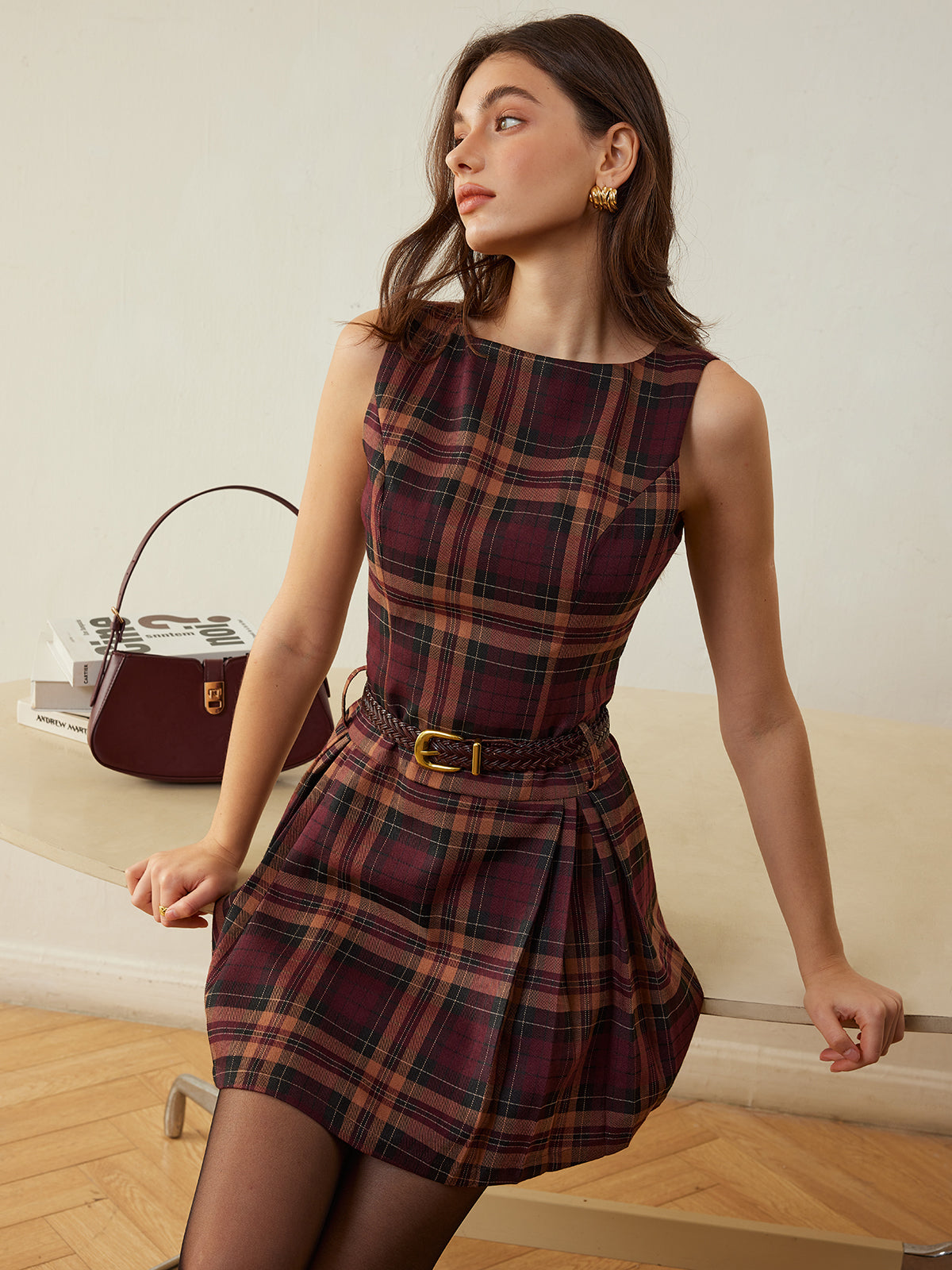 Plaid Sleeveless Pleated A-Line Mini Dress 4