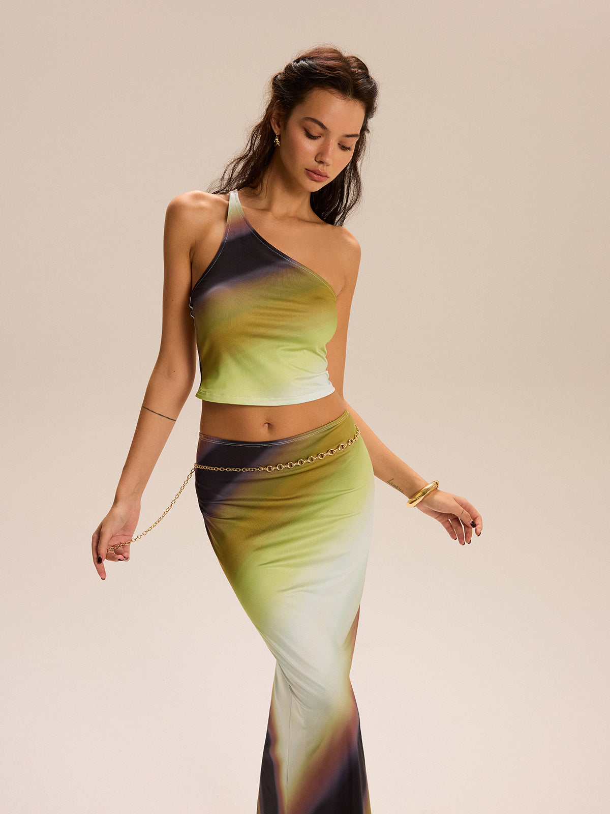 Gradient Print One-Shoulder Skirt Set