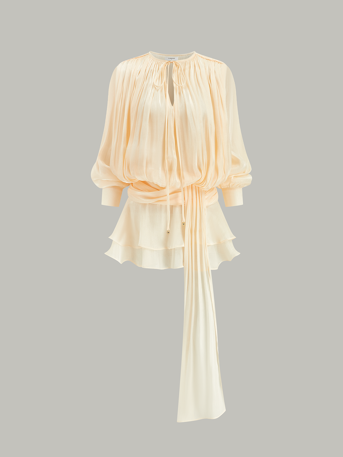 Semi-Sheer Tiered Draped Tie-Waist Mini Dresse - View 7