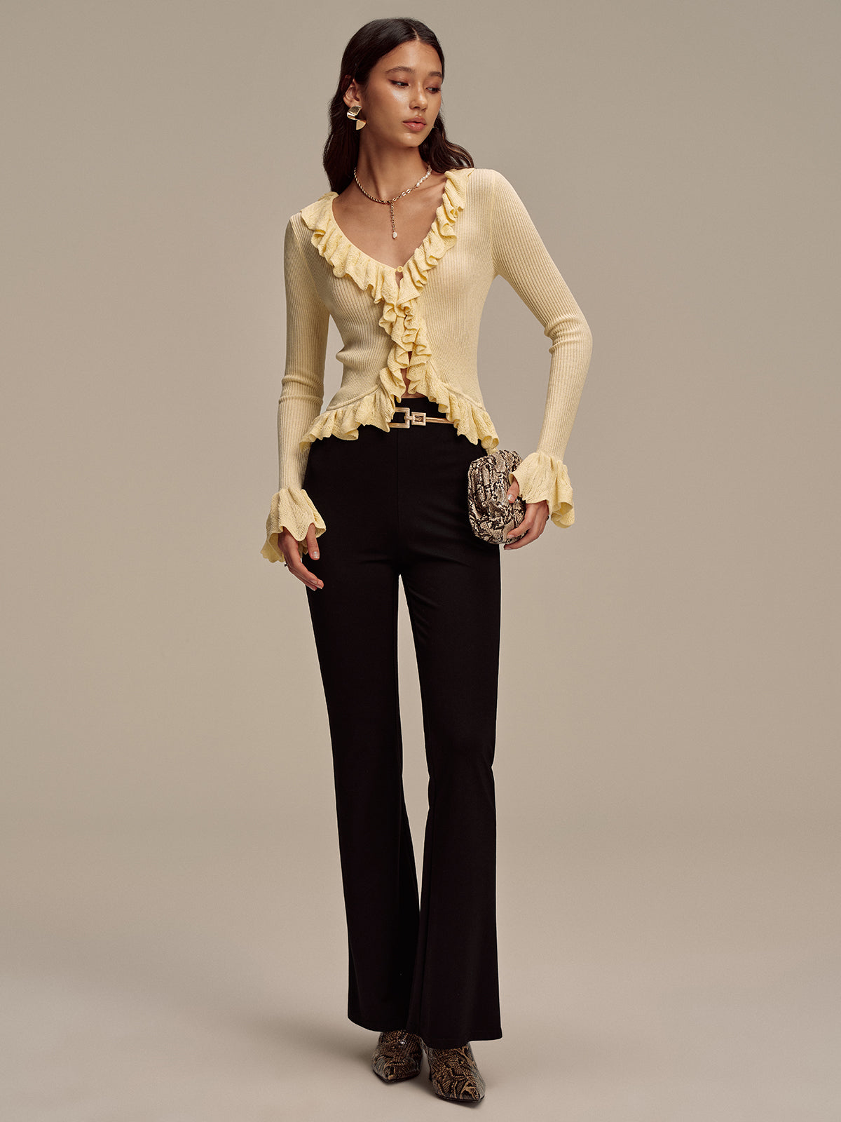 Ruffled V-Neck Knit Cardigan