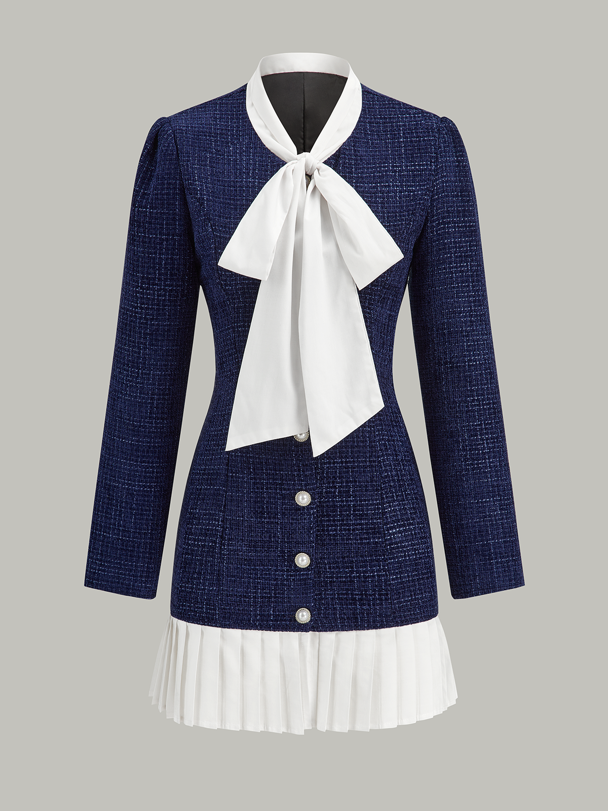 Tweed Bow Neck Long Sleeve Button Front Pleated Hem Mini Dress
